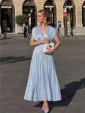 Anewsta Women's New Elegant Shiny High-End V-Neck Pleated Shoulder