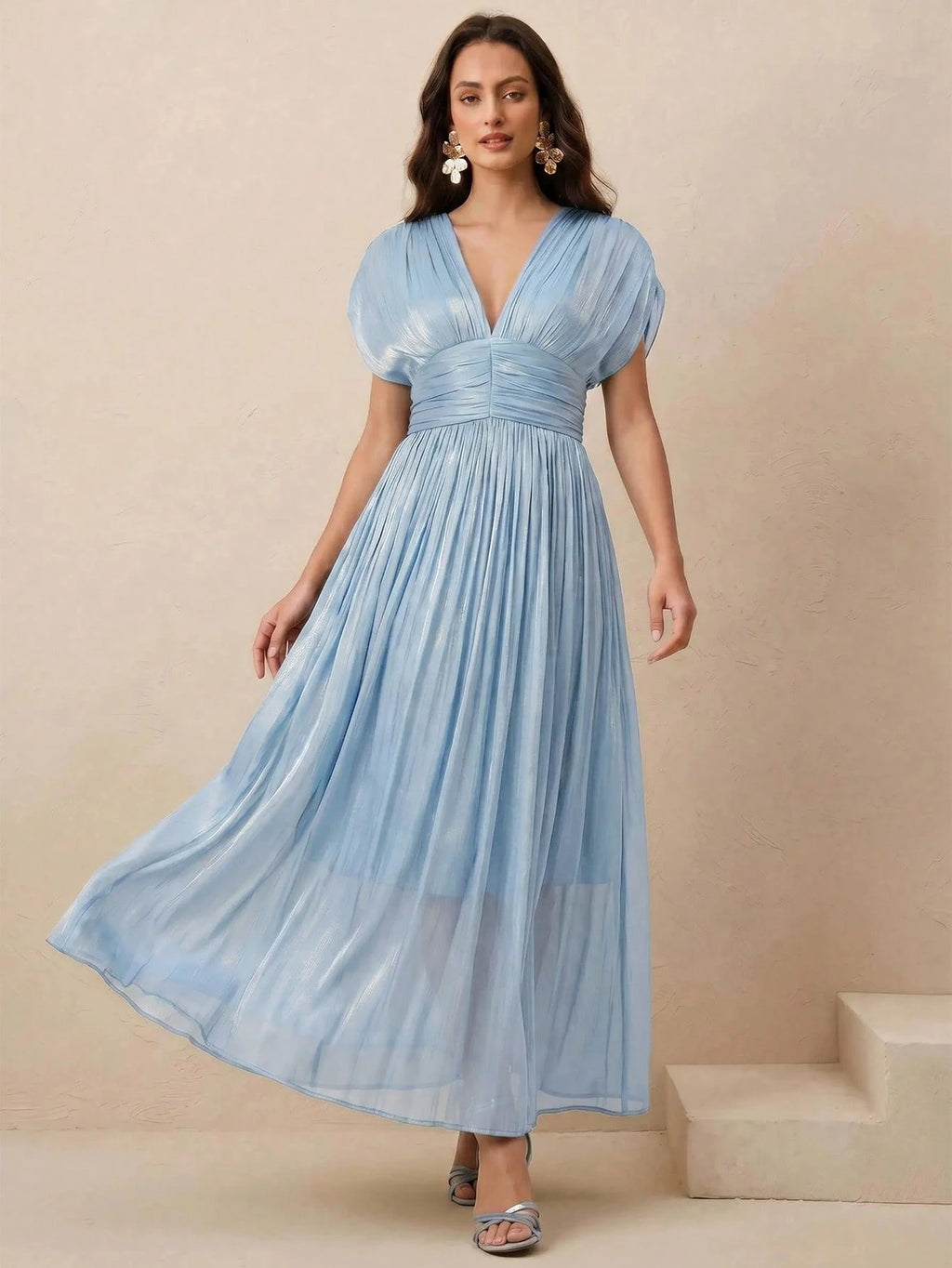 Anewsta Women's New Elegant Shiny High-End V-Neck Pleated Shoulder