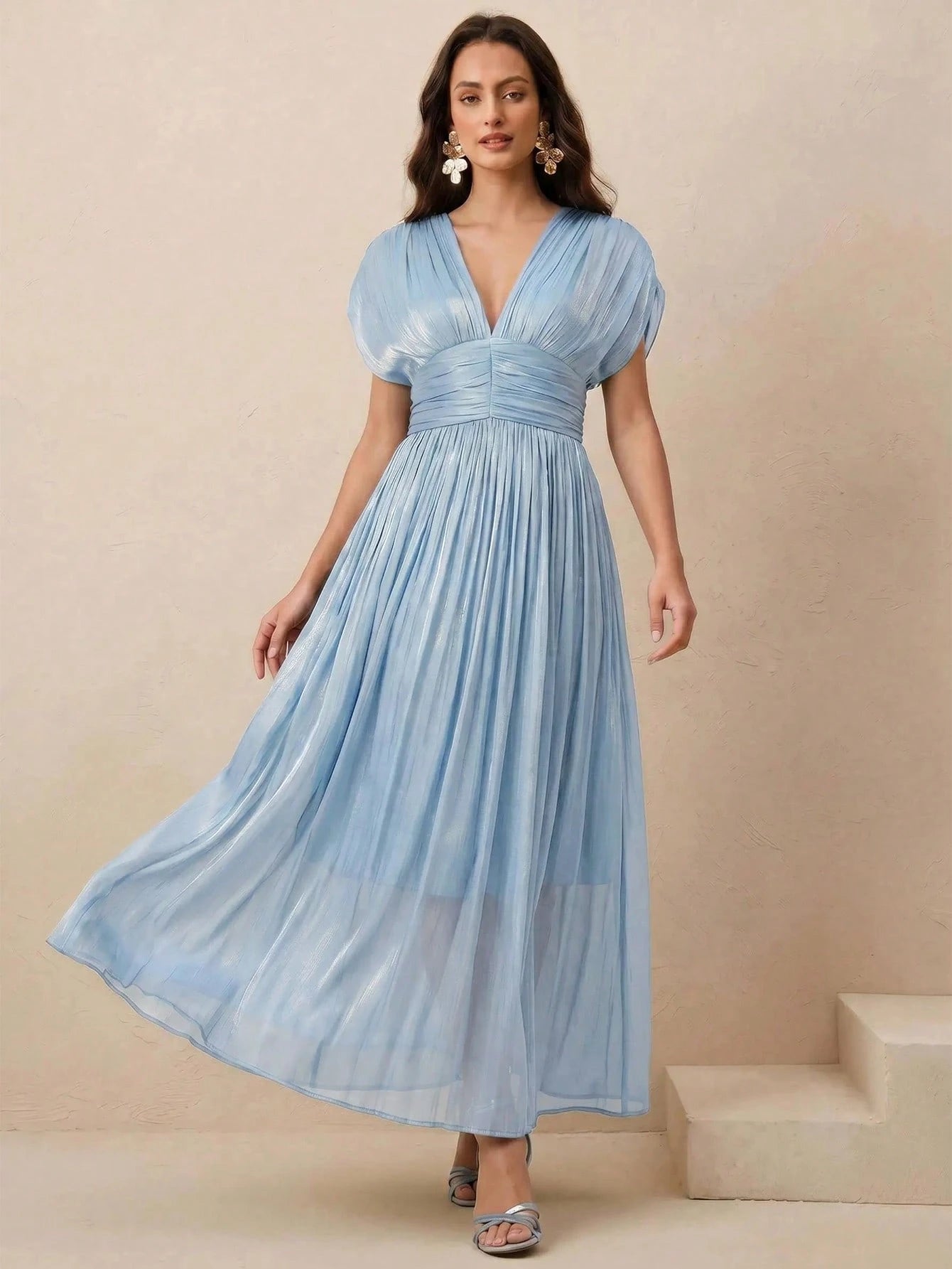 Anewsta Women's New Elegant Shiny High-End V-Neck Pleated Shoulder