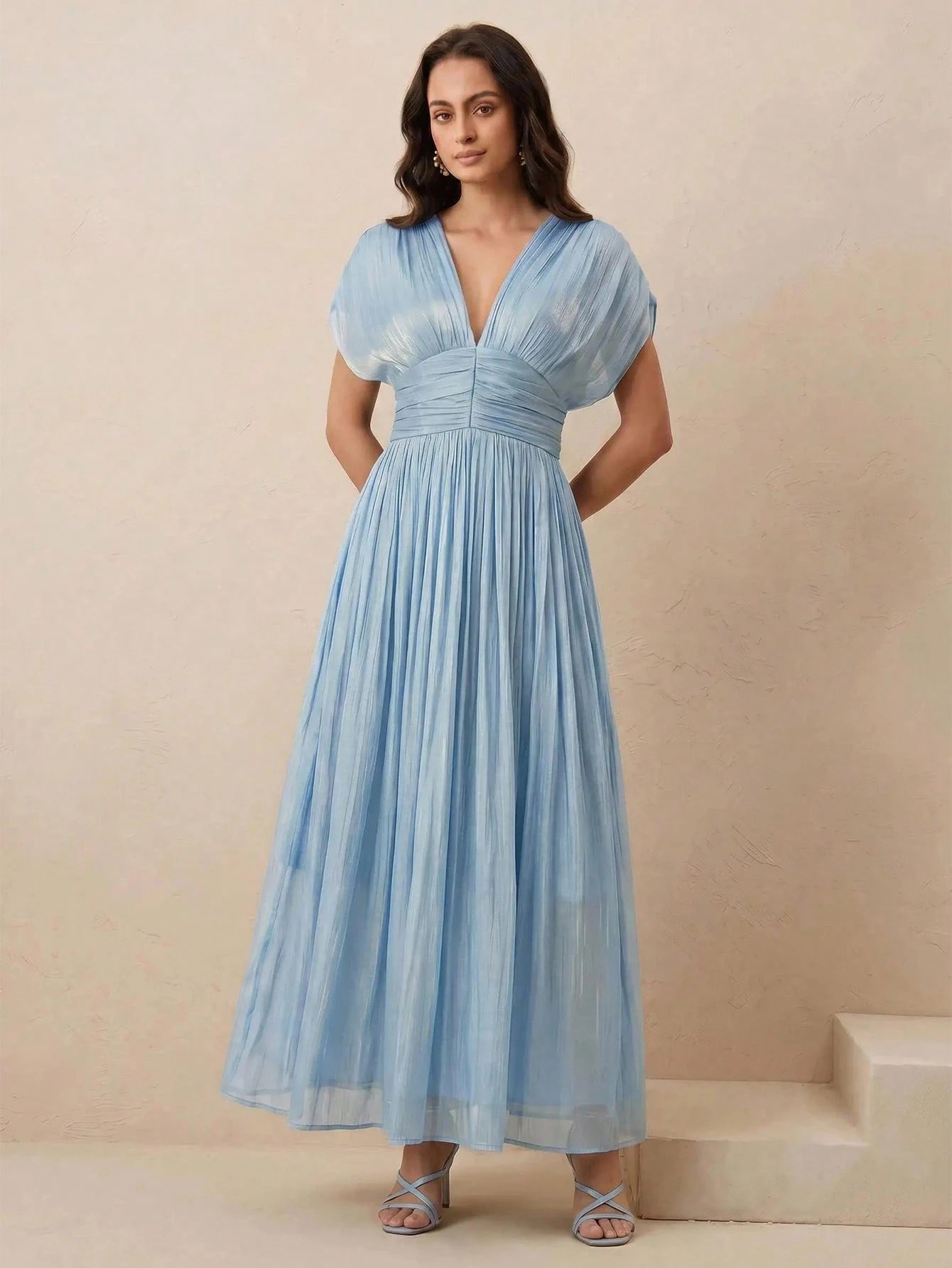 Anewsta Women's New Elegant Shiny High-End V-Neck Pleated Shoulder