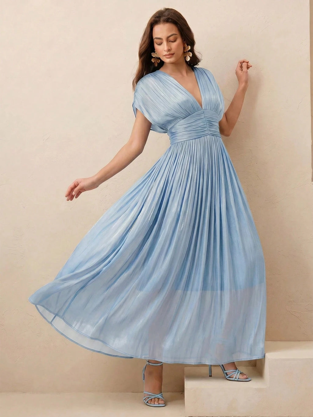 Anewsta Women's New Elegant Shiny High-End V-Neck Pleated Shoulder