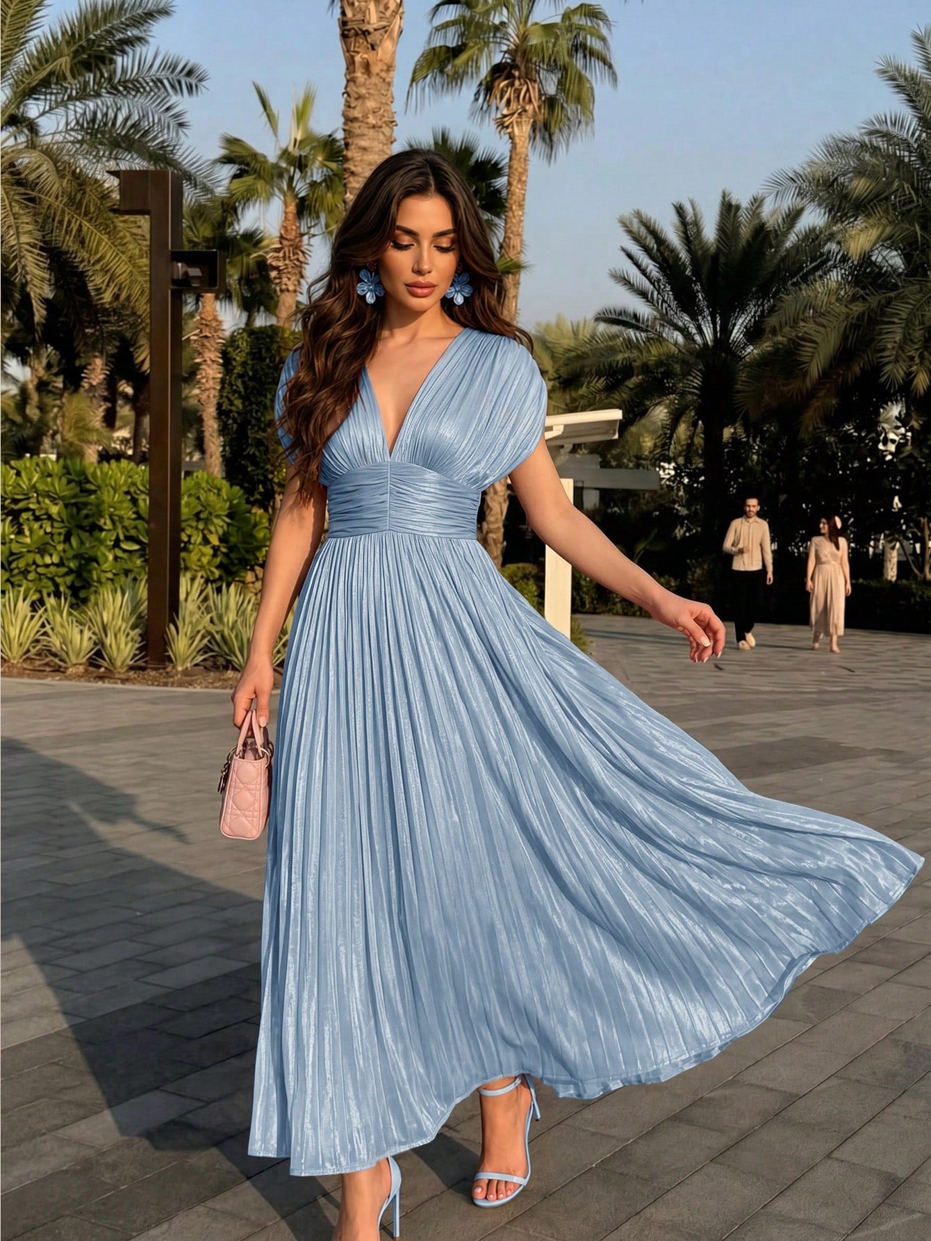 Anewsta Women's New Elegant Shiny High-End V-Neck Pleated Shoulder
