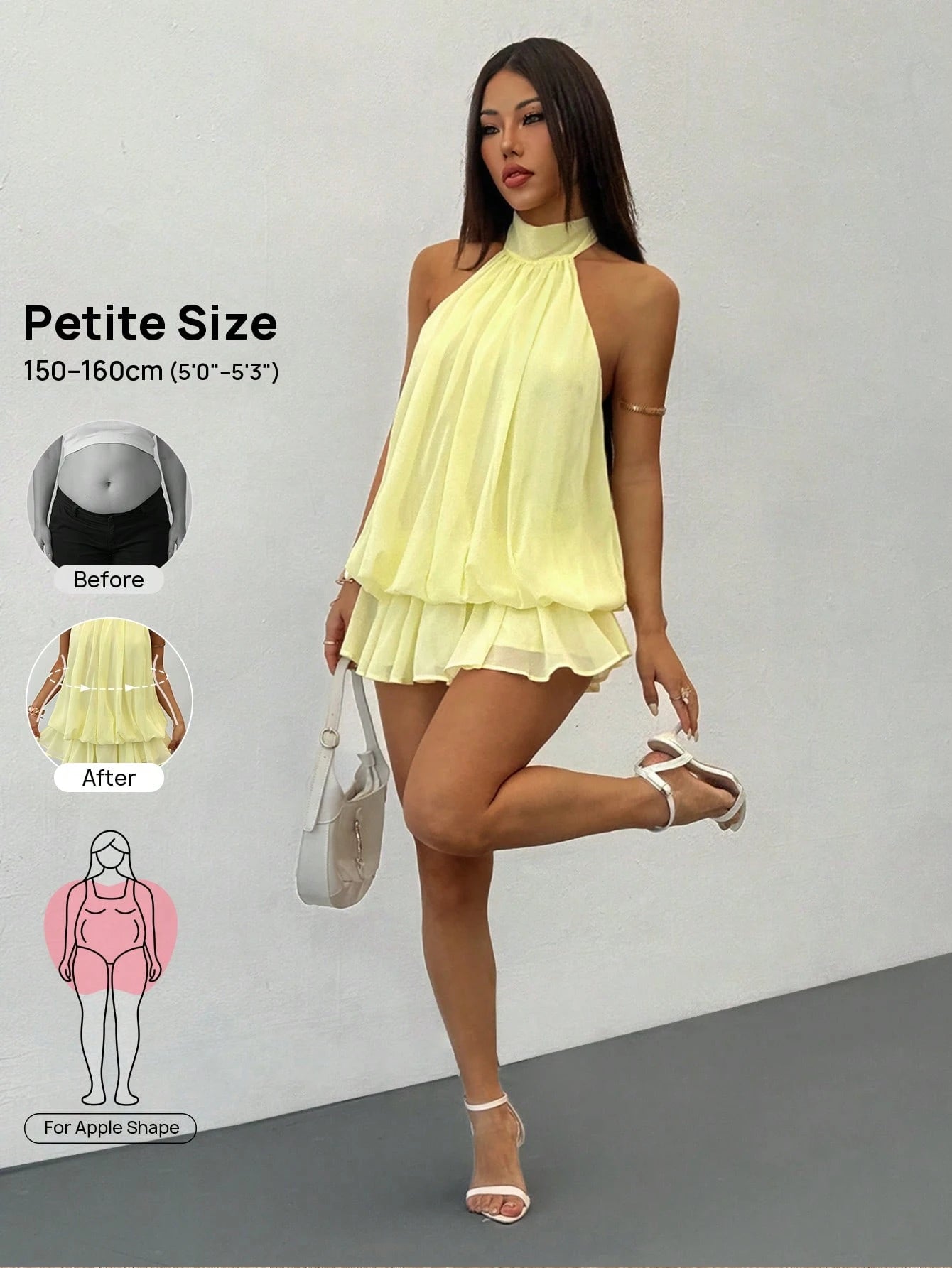 PETITE Elegant Sleeveless Tie-Neck Mini Dress In Pale Yellow,