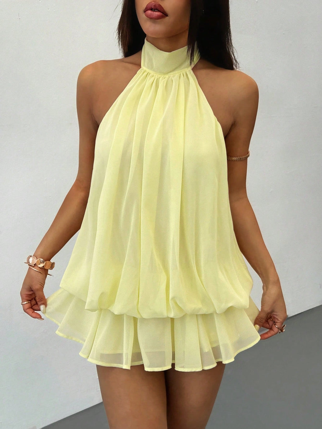 PETITE Elegant Sleeveless Tie-Neck Mini Dress In Pale Yellow,
