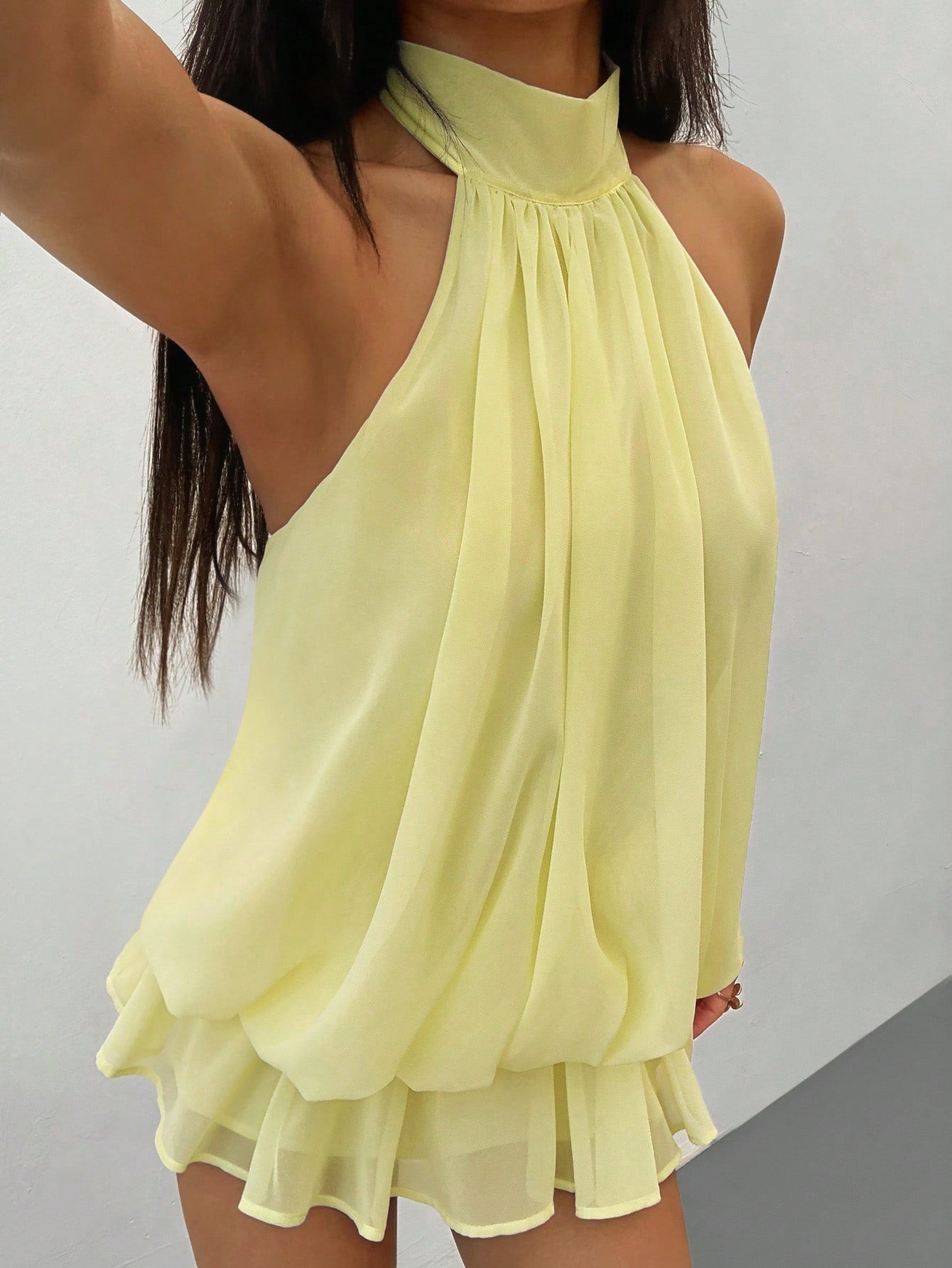 PETITE Elegant Sleeveless Tie-Neck Mini Dress In Pale Yellow,