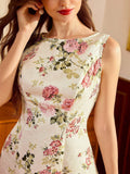 Vintamour Women's Elegant Romantic White Floral Jacquard Mini Dress,Sleeveless Bodycon Summer Vacation