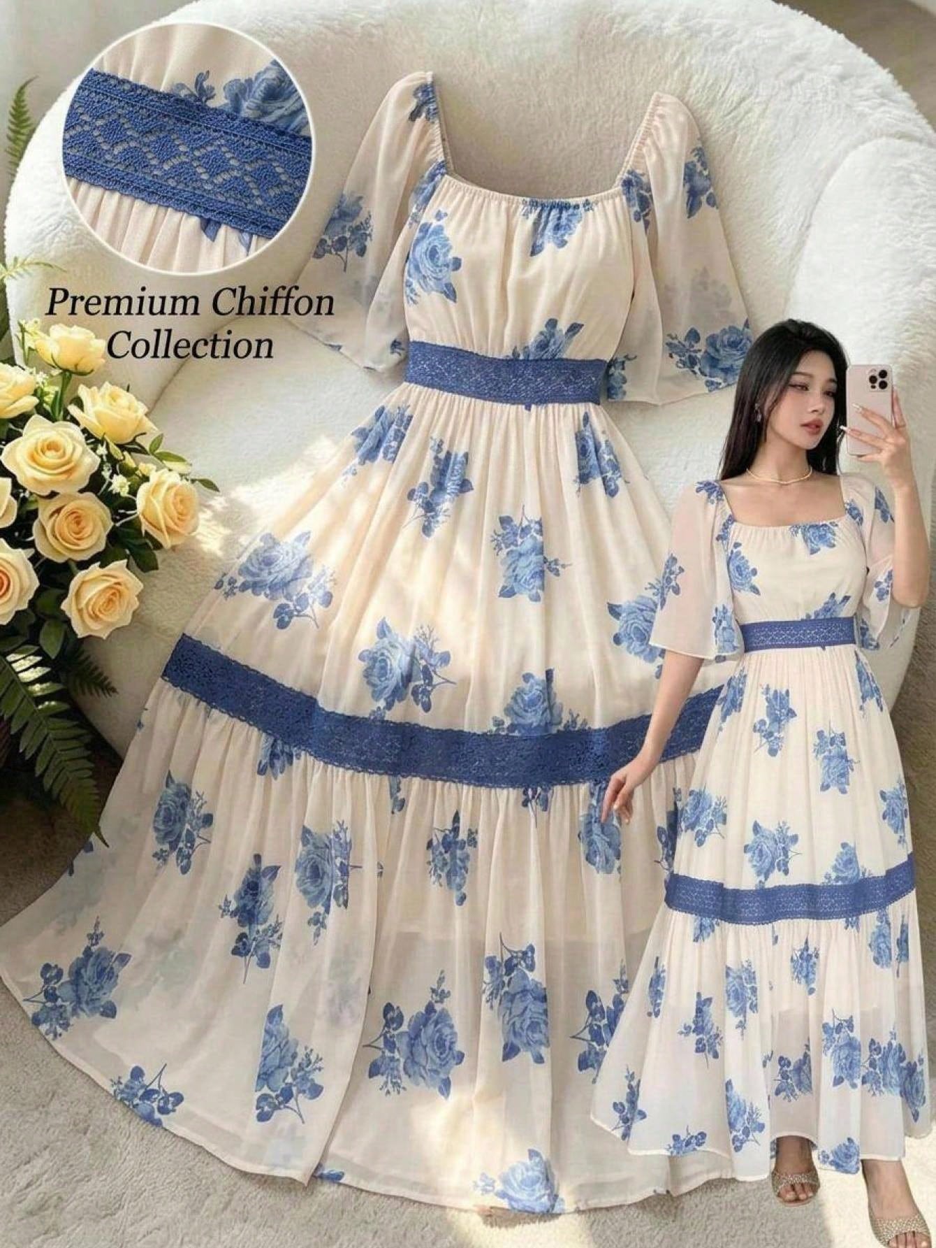 DAZY Contrast Color Lace Full Floral Print Mid-Length Dress For Women Sun Dresses For Women Vacation Outfits - image 19