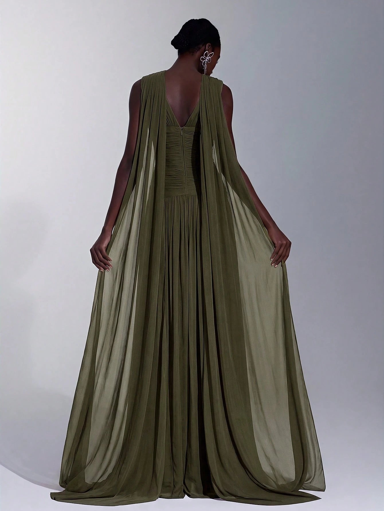 Elitara Elegant Burgundy Glossy Mesh V-Neck Ruched A-Line Skirt With Detachable Chiffon Flounce,Old - image 2