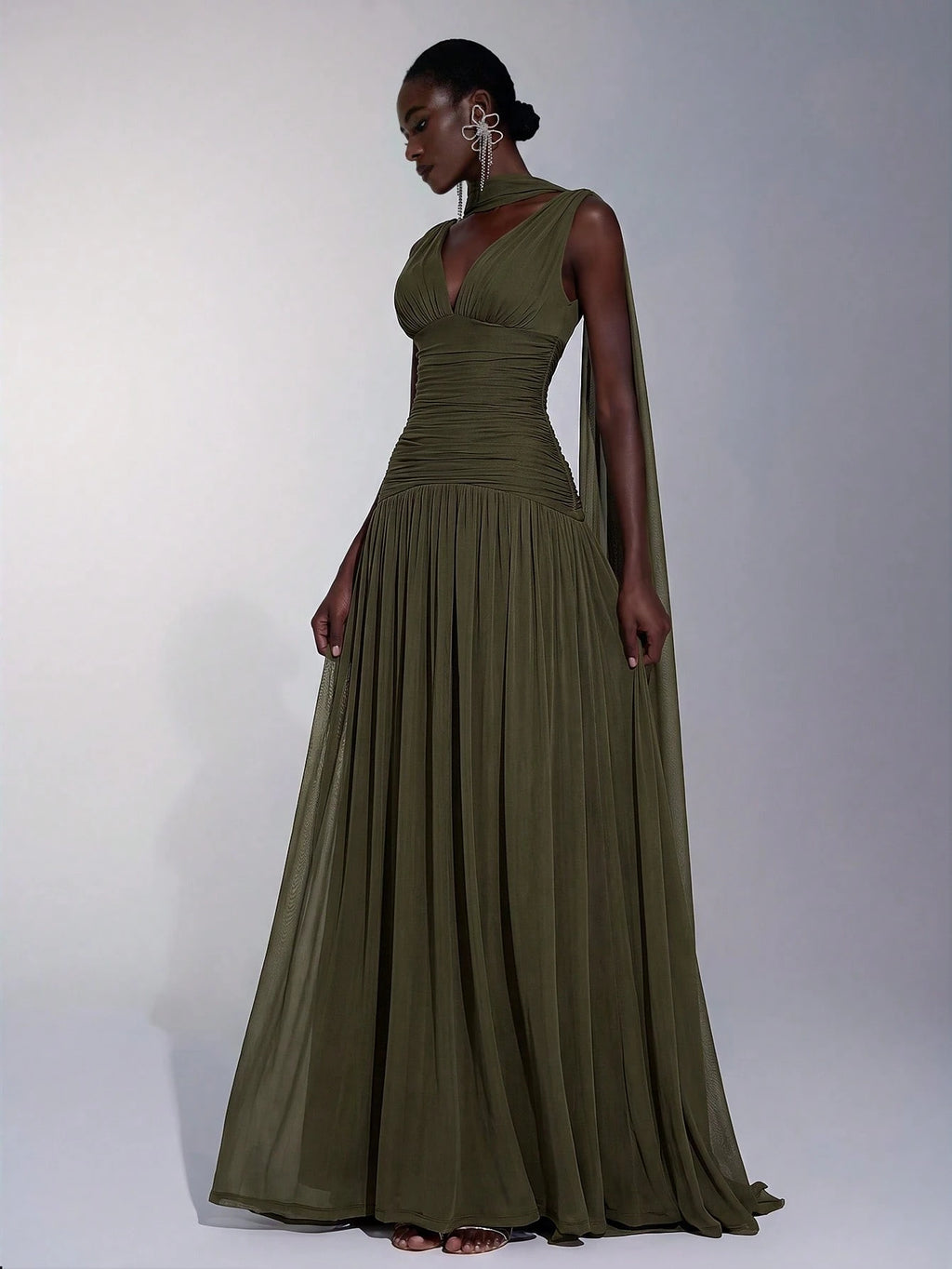 Elitara Elegant Burgundy Glossy Mesh V-Neck Ruched A-Line Skirt With Detachable Chiffon Flounce,Old - image 4
