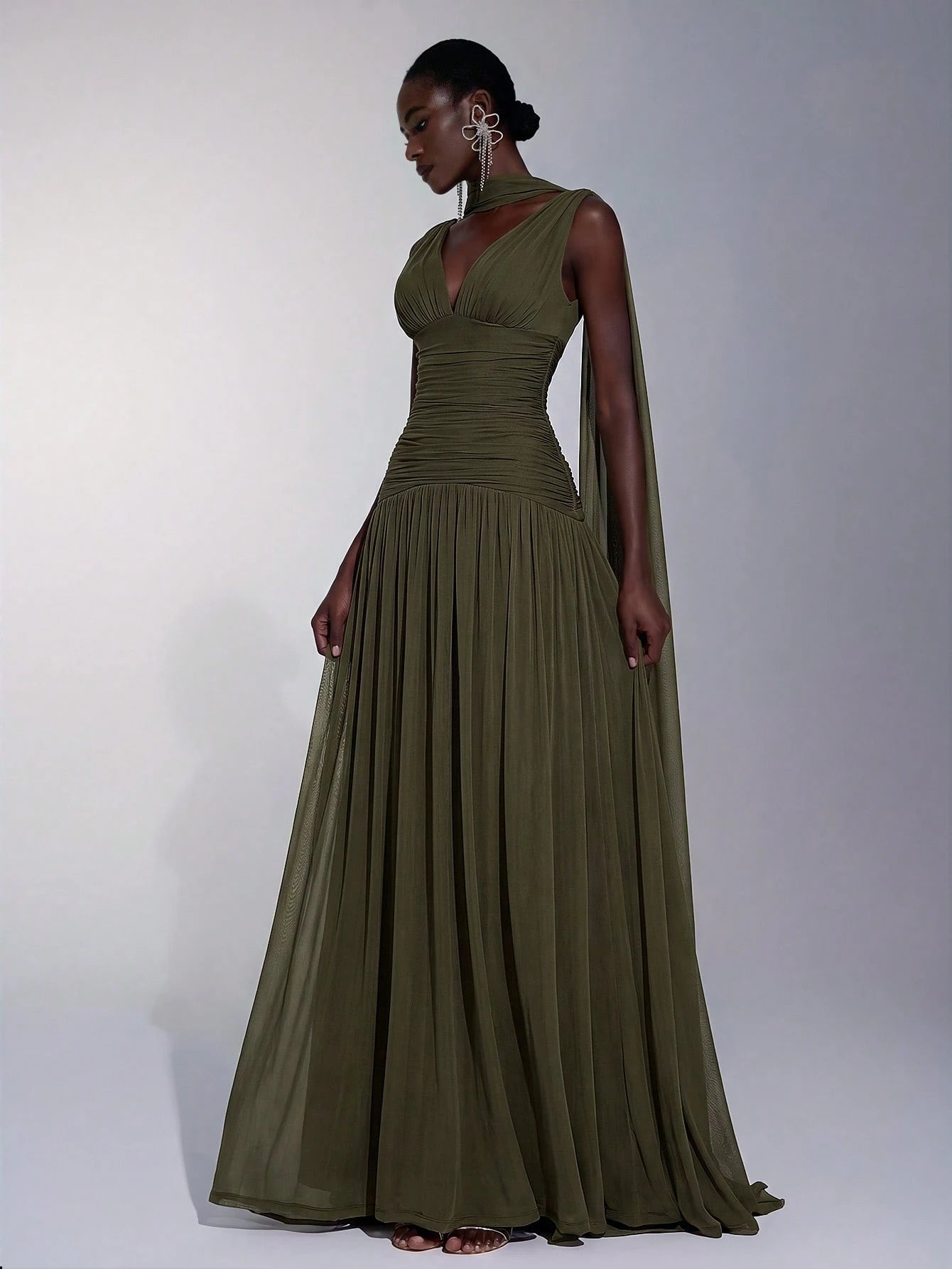 Elitara Elegant Burgundy Glossy Mesh V-Neck Ruched A-Line Skirt With Detachable Chiffon Flounce,Old - image 4