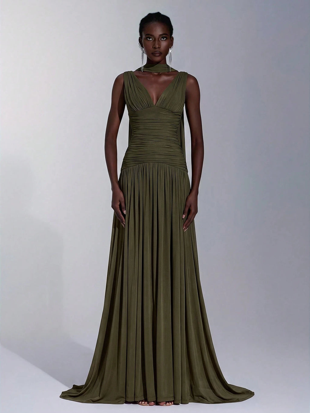 Elitara Elegant Burgundy Glossy Mesh V-Neck Ruched A-Line Skirt With Detachable Chiffon Flounce,Old - image 5