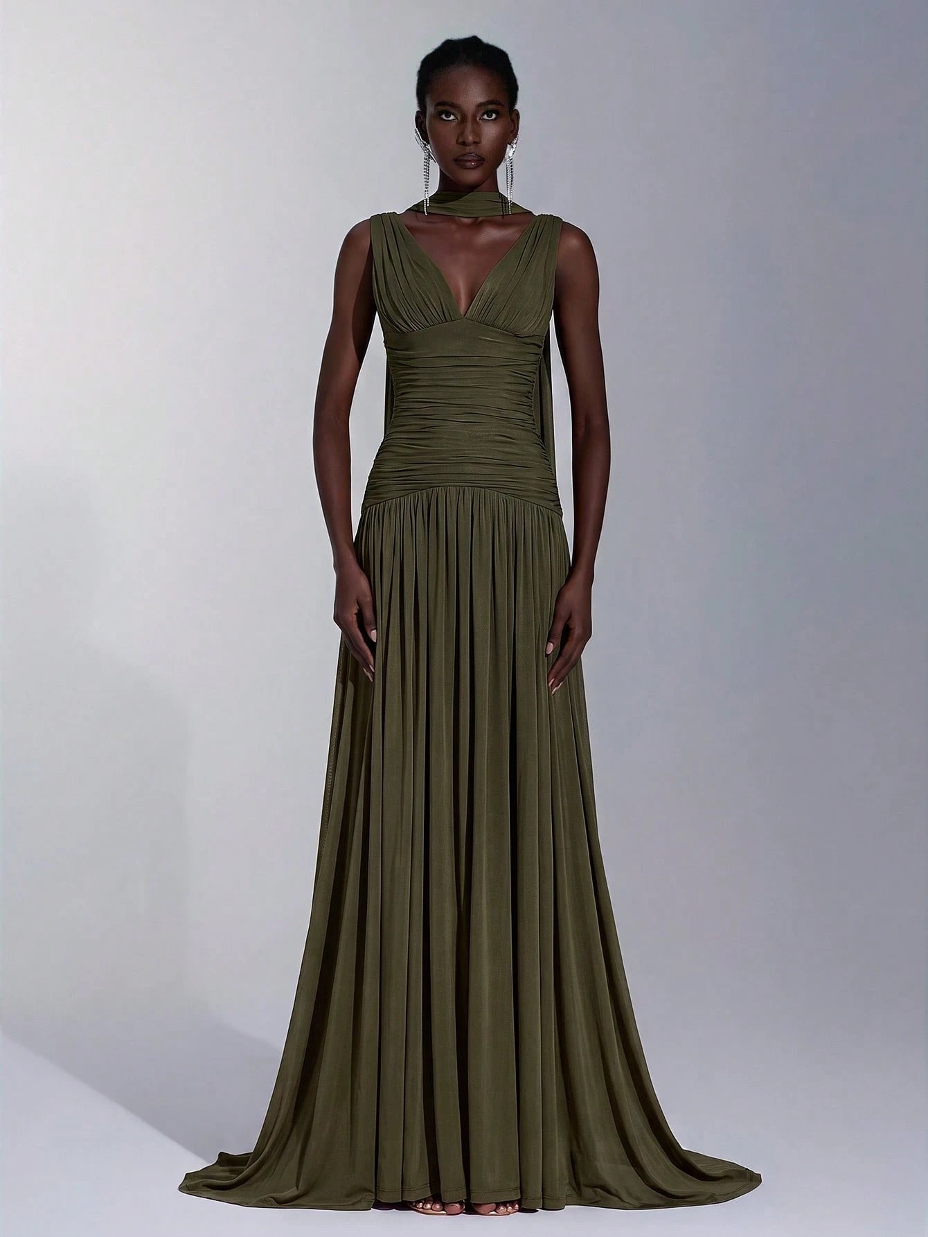 Elitara Elegant Burgundy Glossy Mesh V-Neck Ruched A-Line Skirt With Detachable Chiffon Flounce,Old - image 5