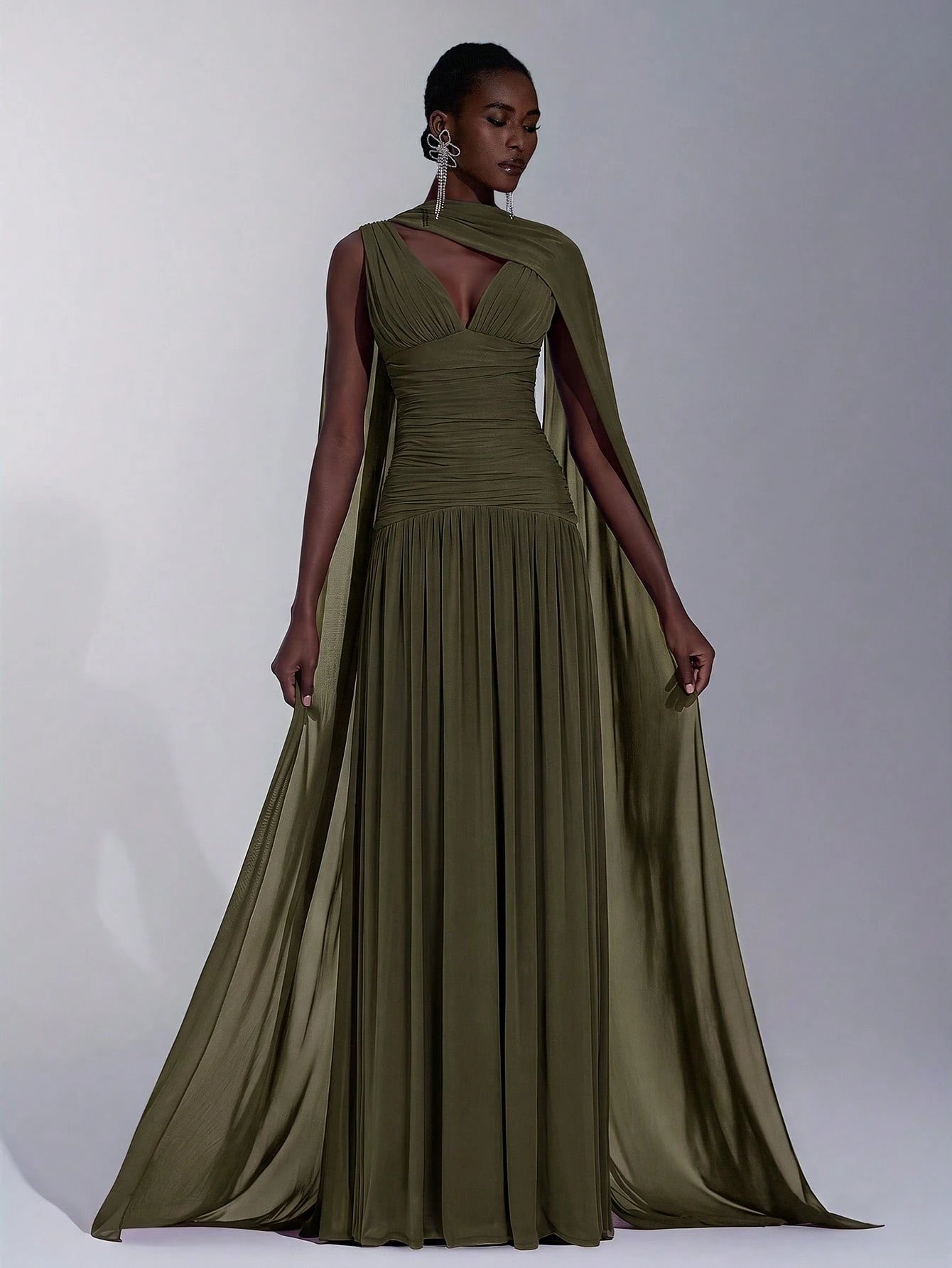 Elitara Elegant Burgundy Glossy Mesh V-Neck Ruched A-Line Skirt With Detachable Chiffon Flounce,Old - image 6