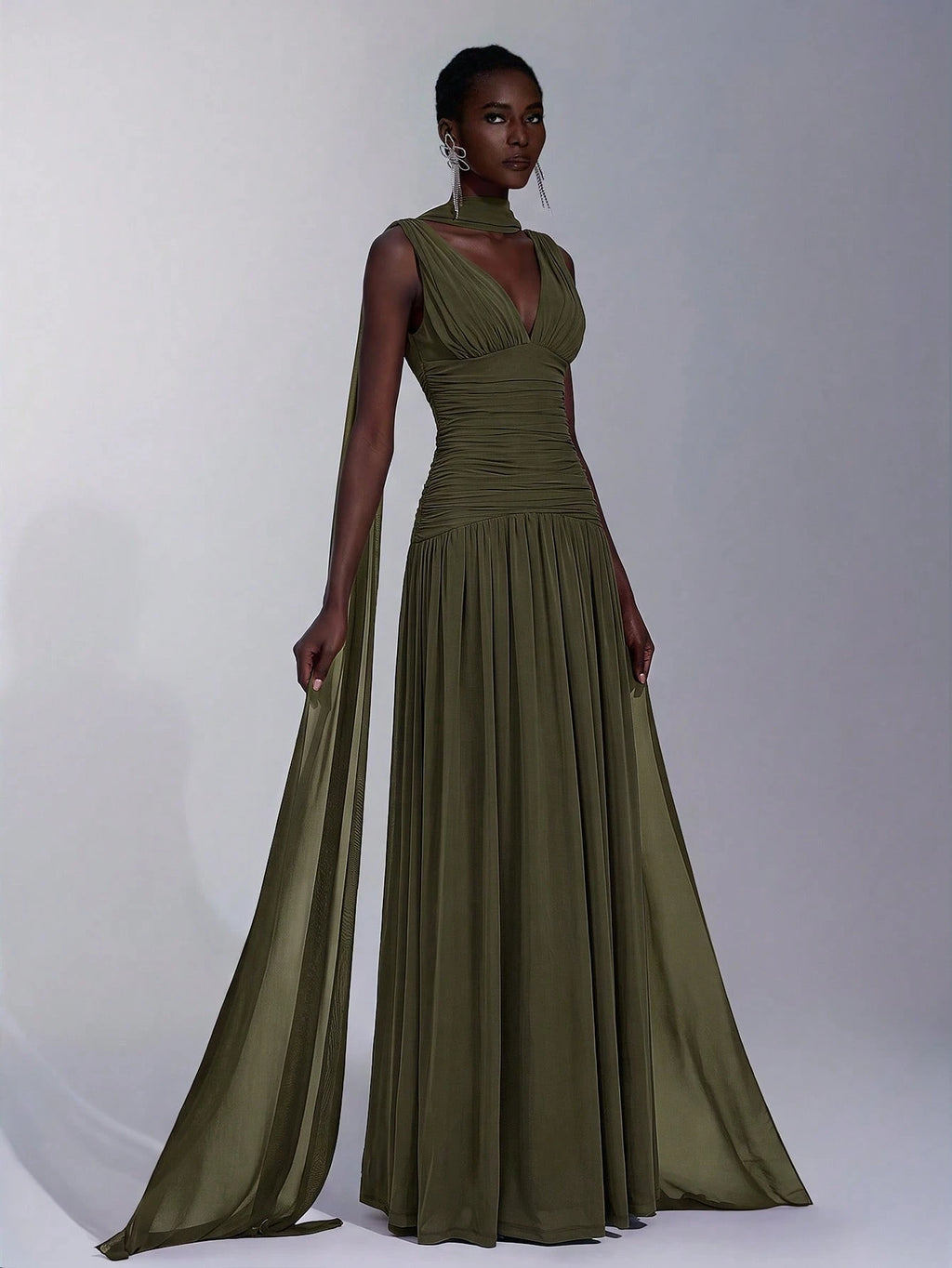 Elitara Elegant Burgundy Glossy Mesh V-Neck Ruched A-Line Skirt With Detachable Chiffon Flounce,Old - image 8