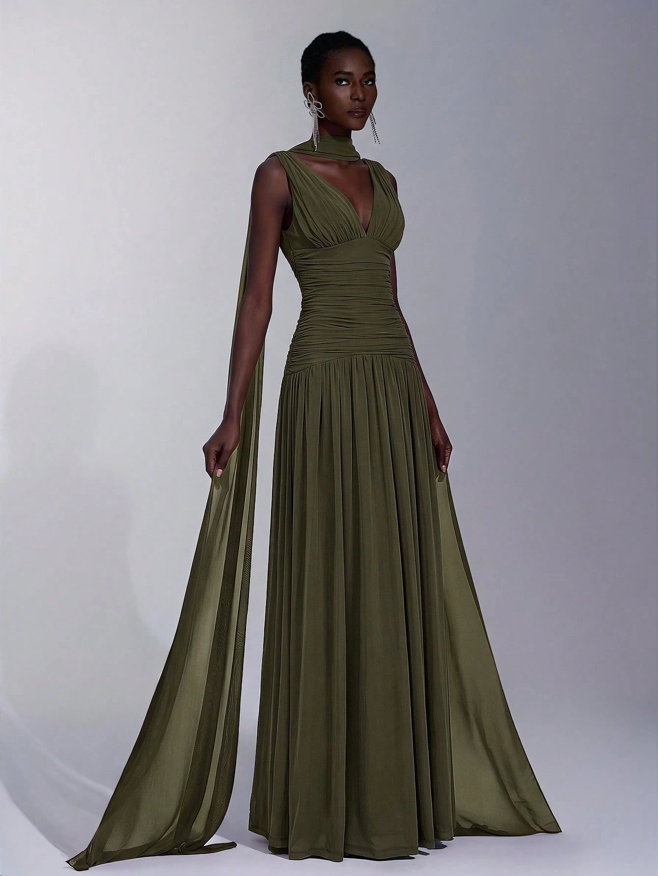 Elitara Elegant Burgundy Glossy Mesh V-Neck Ruched A-Line Skirt With Detachable Chiffon Flounce,Old - image 8