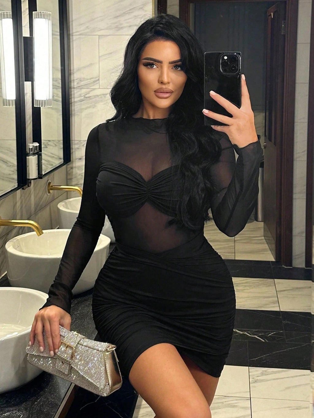 SXY Women Sexy Mesh Sheer Round Neck Long Sleeve Ruffle Mini