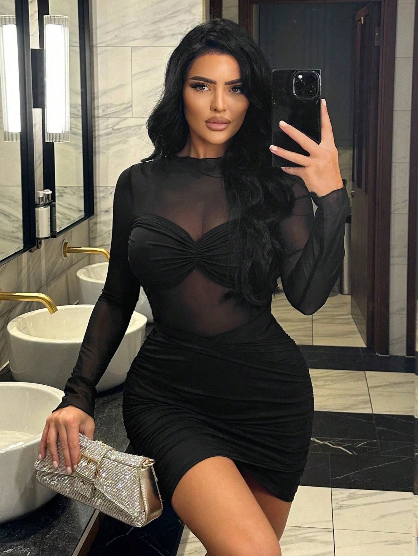 SXY Women Sexy Mesh Sheer Round Neck Long Sleeve Ruffle Mini