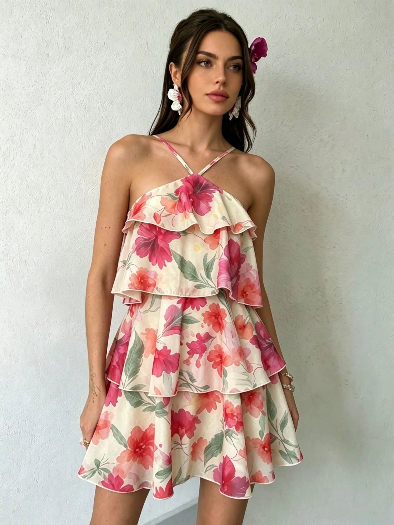 Floral Print Spaghetti Strap Mini Dress - Pink/Red/Orange/Purple Flowers, Green Leaves, Layered Ruffle Hem, - image 8