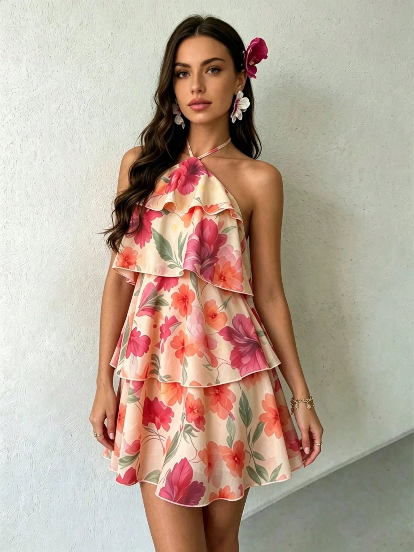 Floral Print Spaghetti Strap Mini Dress - Pink/Red/Orange/Purple Flowers, Green Leaves, Layered Ruffle Hem, - image 17
