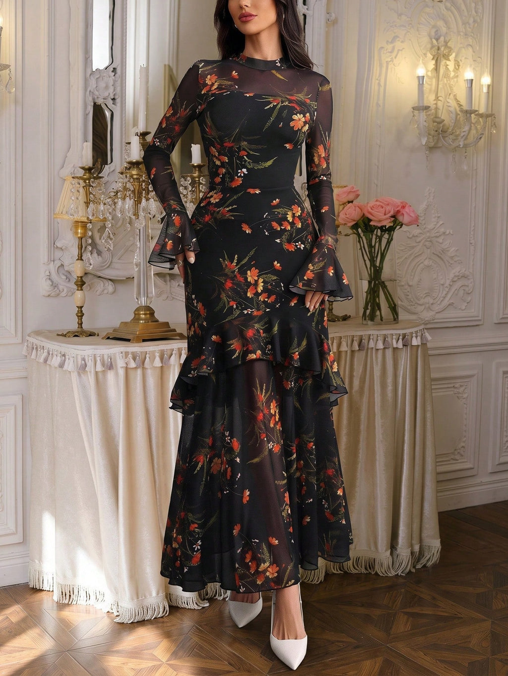 Women Black Floral Sheer Mesh Maxi Dress, Mock Neck Bell Sleeve