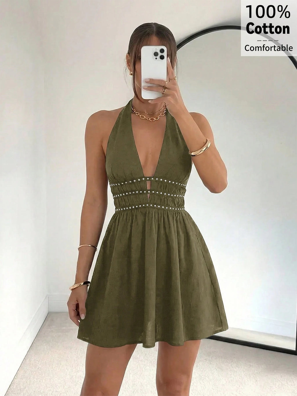 Firerie Women's Black New V-Neck Rivet Webbing Waist-Cinching A-Line Mini Dress, Rivet Accessory Sexy Short - image 14