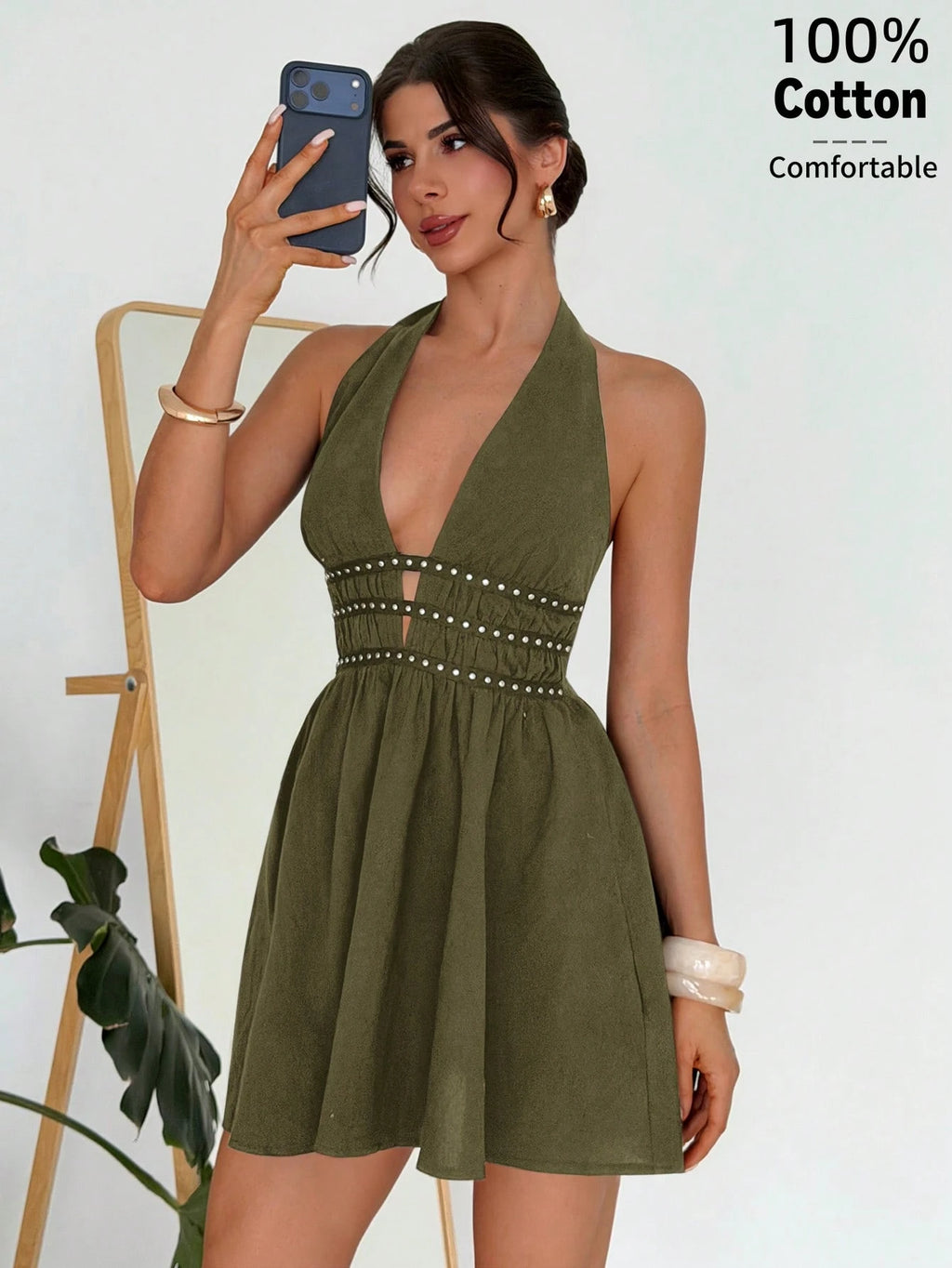 Firerie Women's Black New V-Neck Rivet Webbing Waist-Cinching A-Line Mini Dress, Rivet Accessory Sexy Short - image 16