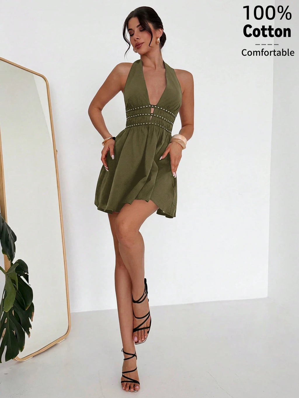 Firerie Women's Black New V-Neck Rivet Webbing Waist-Cinching A-Line Mini Dress, Rivet Accessory Sexy Short - image 19