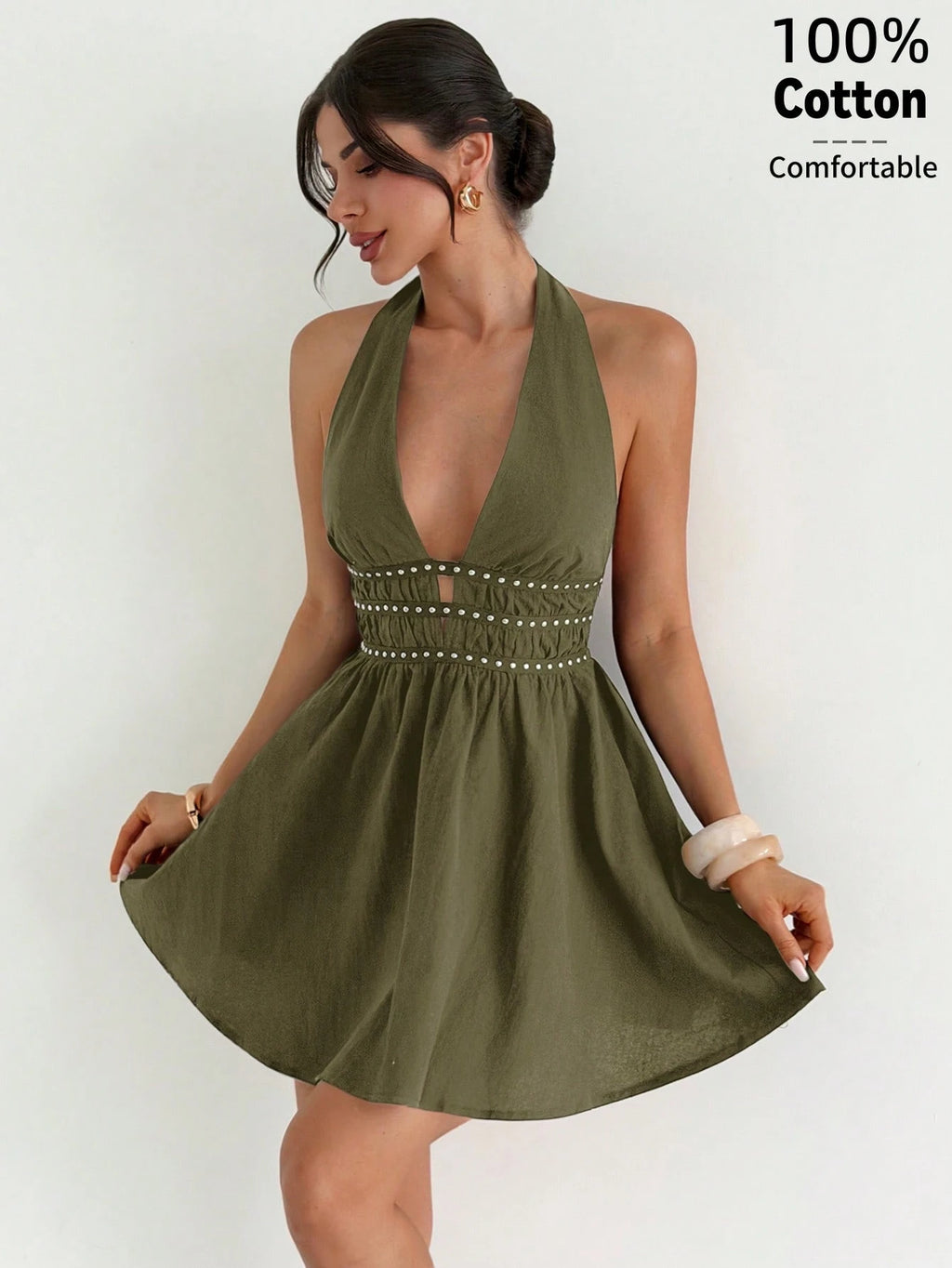 Firerie Women's Black New V-Neck Rivet Webbing Waist-Cinching A-Line Mini Dress, Rivet Accessory Sexy Short - image 20