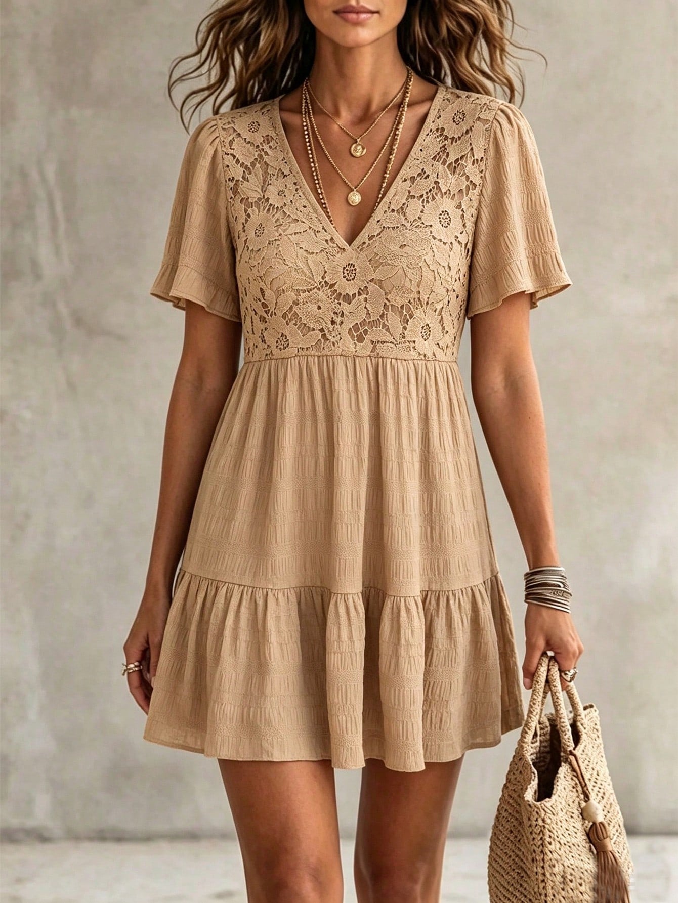 LanaWest Women's Bohemian Summer Textured V-Neck Babydoll Dress –