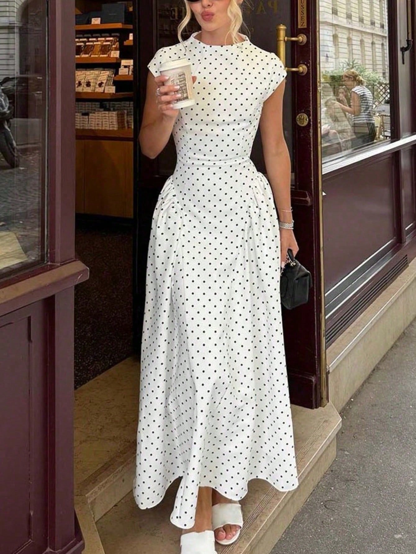 Women's Elegant Pink Polka Dot Midi Dress With Deep V Neck And Bow Detail, Sleeveless Fit And Flare Casual - image 20