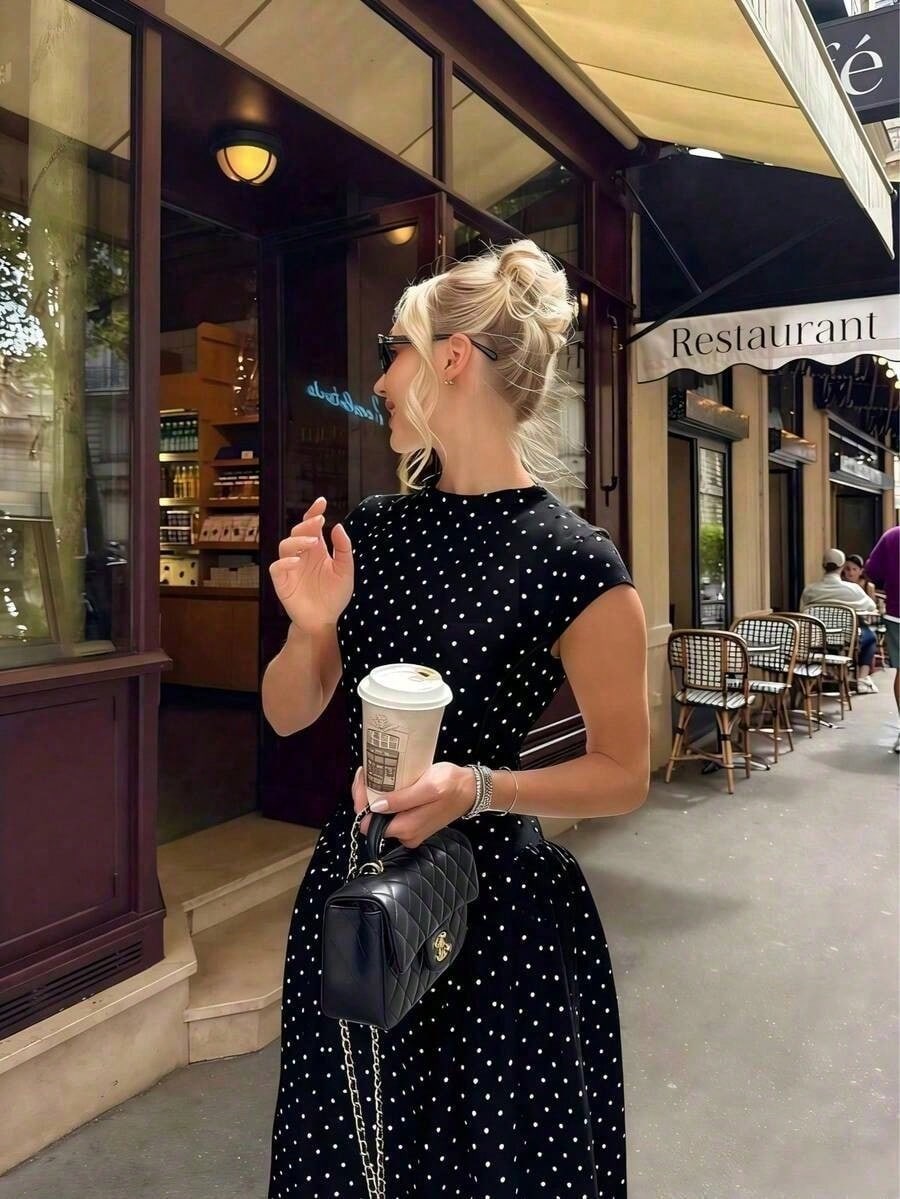 Women's Elegant Pink Polka Dot Midi Dress With Deep V Neck And Bow