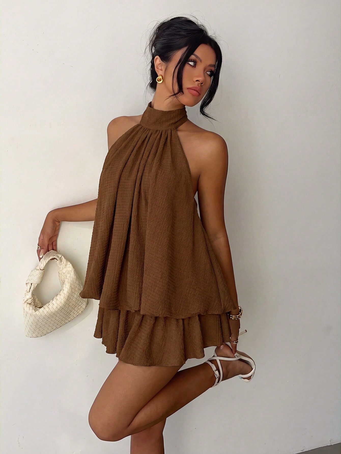 Aloruh Chic Green Halter Neck Mini Dress For Women Casual A Line