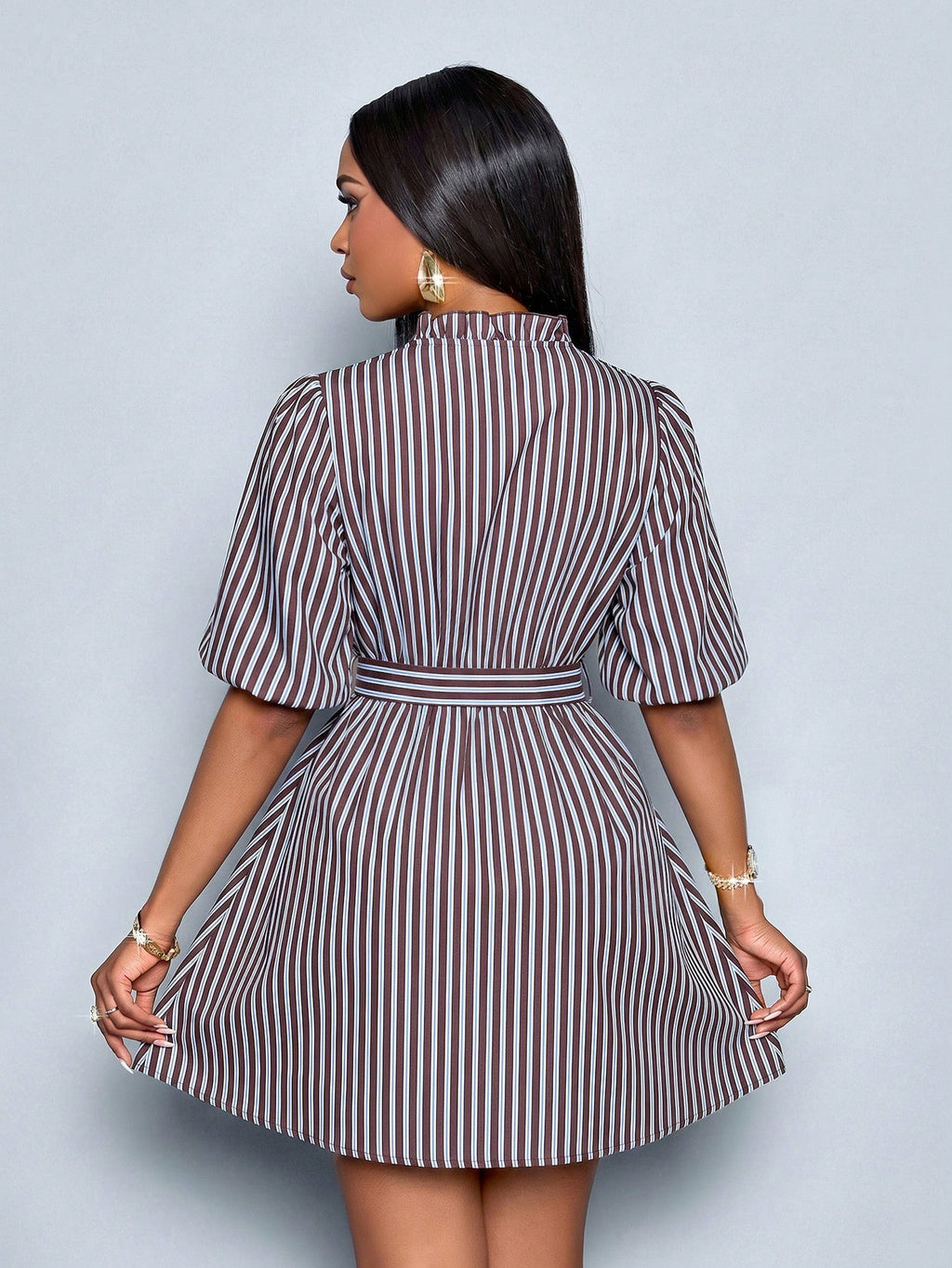 SOLERSUN Women's Striped Puff Sleeve Mini Shirt Dress, Ruffle V Neck Self Tie Waist A-Line Dress (Random - image 2