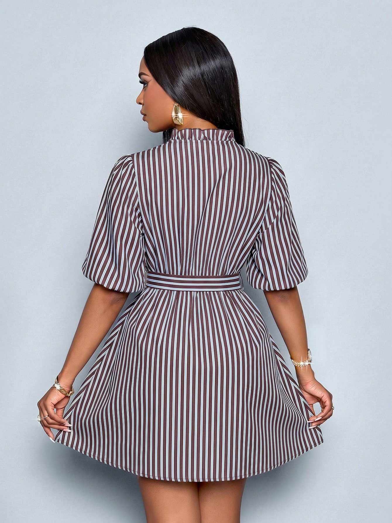SOLERSUN Women's Striped Puff Sleeve Mini Shirt Dress, Ruffle V Neck Self Tie Waist A-Line Dress (Random - image 2