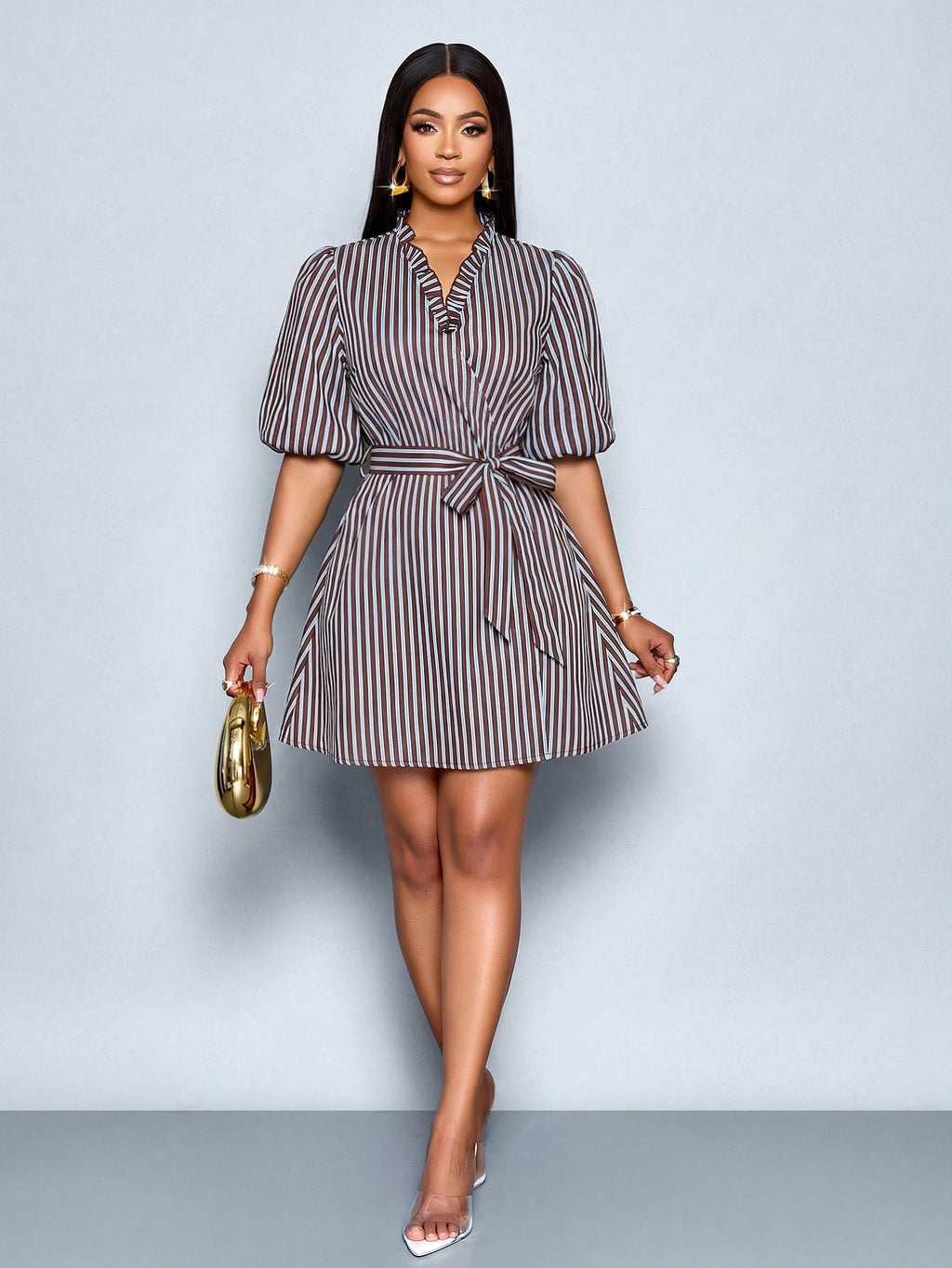 SOLERSUN Women's Striped Puff Sleeve Mini Shirt Dress, Ruffle V Neck Self Tie Waist A-Line Dress (Random - image 3