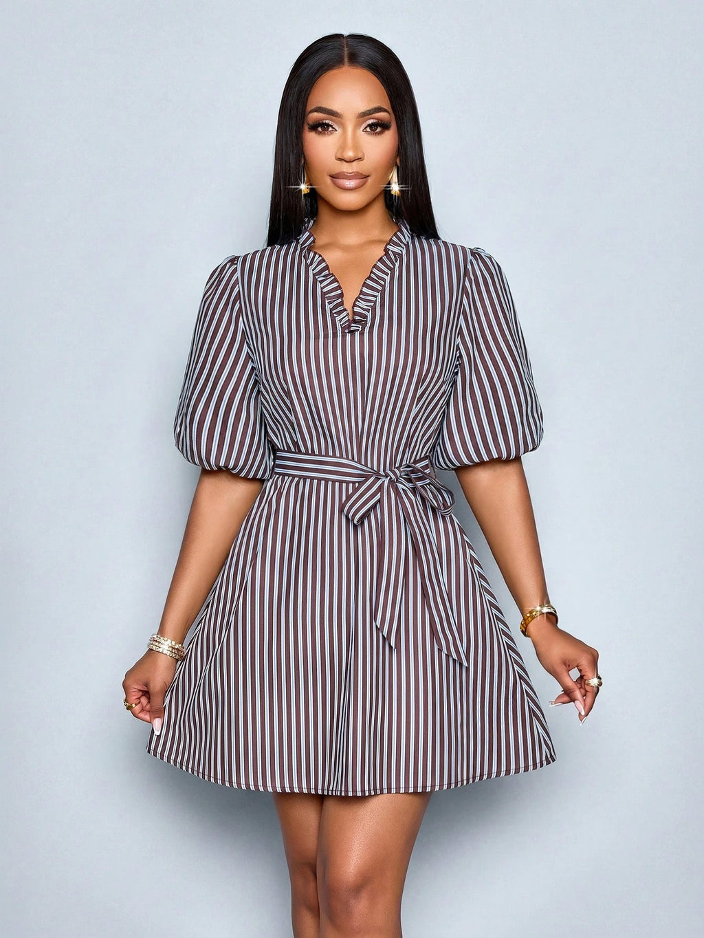 SOLERSUN Women's Striped Puff Sleeve Mini Shirt Dress, Ruffle V Neck Self Tie Waist A-Line Dress (Random - image 4