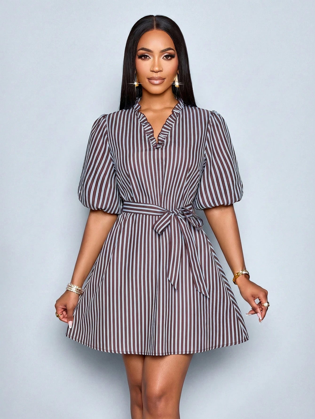 SOLERSUN Women's Striped Puff Sleeve Mini Shirt Dress, Ruffle V Neck Self Tie Waist A-Line Dress (Random - image 4