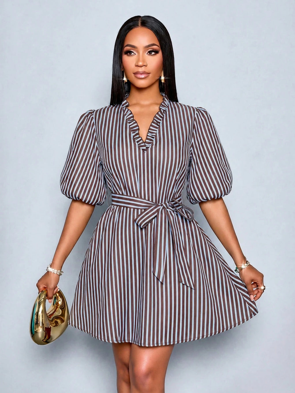 SOLERSUN Women's Striped Puff Sleeve Mini Shirt Dress, Ruffle V Neck Self Tie Waist A-Line Dress (Random - image 5