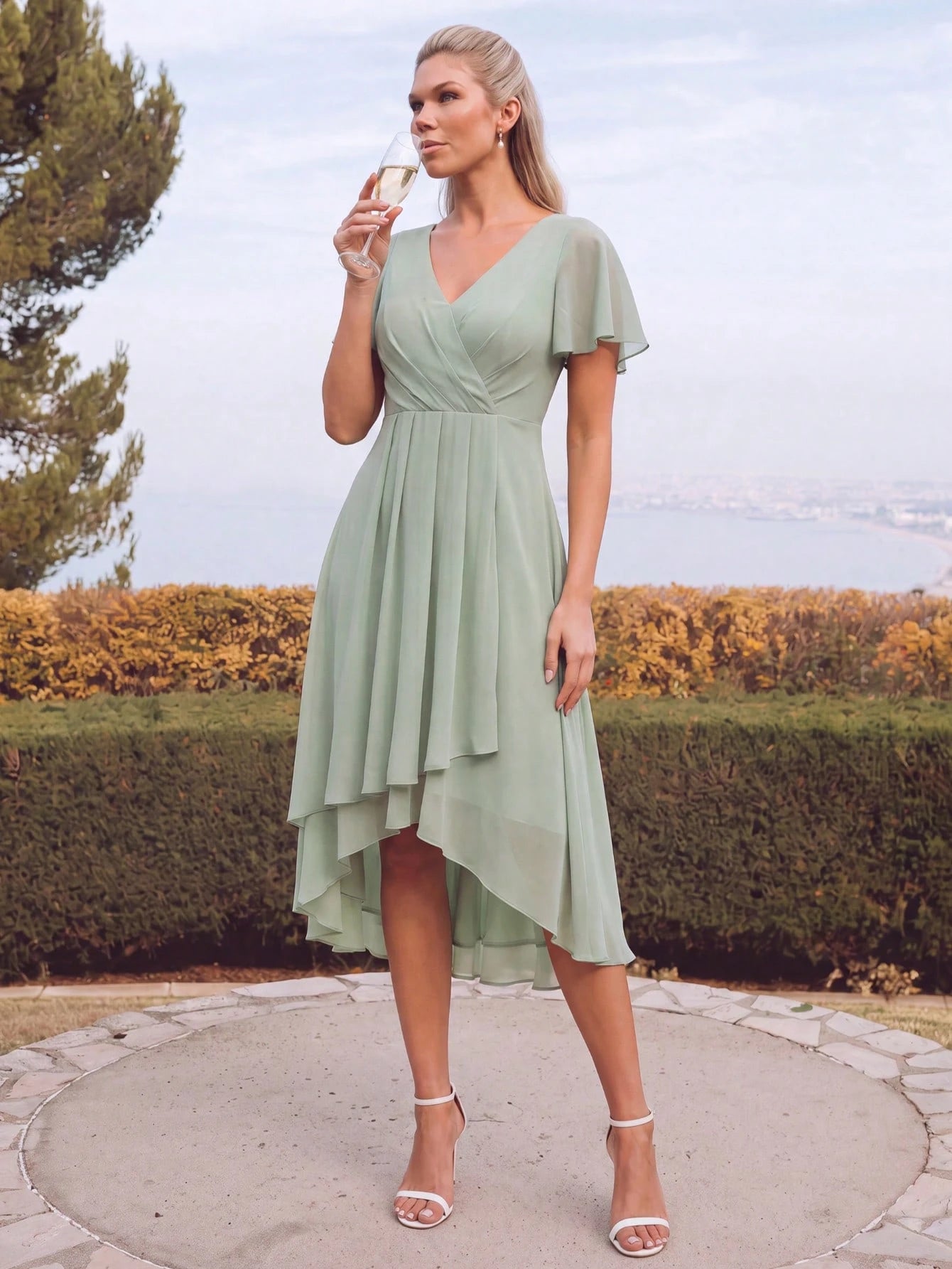 EVERPRETTY Summer Elegant Chiffon V-Neck Ruched Mint Green Bridesmaid Dress, Wedding Guest Dress, Soft - image 2