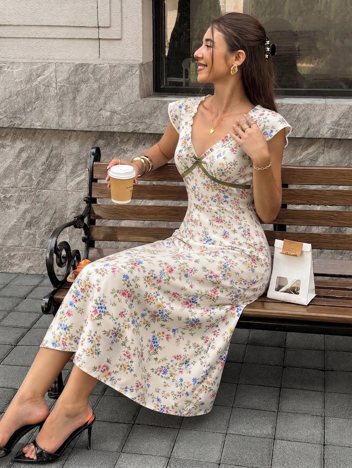 Elyressa Women's Deep V-Neck Floral Print Bow Decor Casual Party Dress - image 3