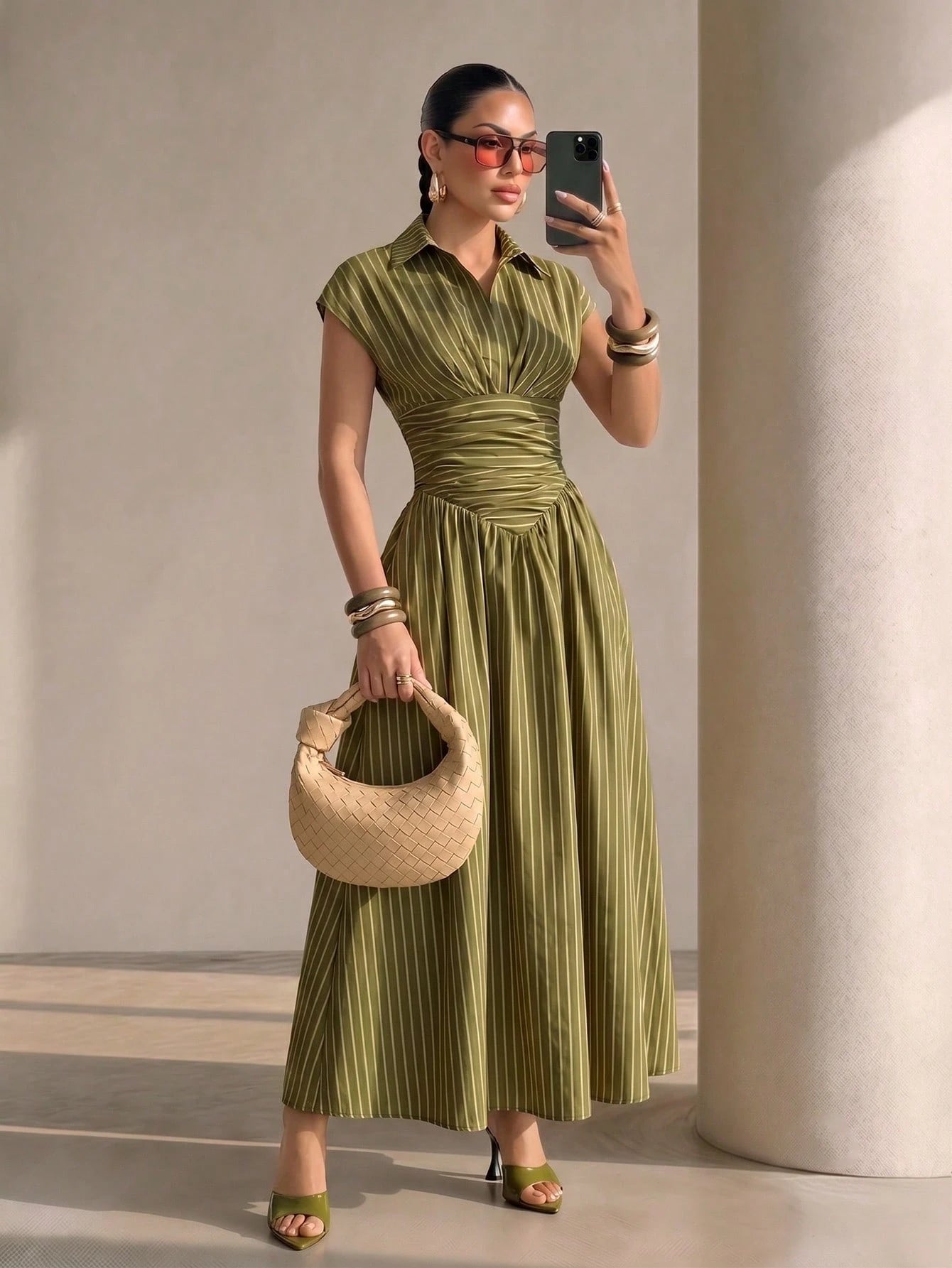 Xyvia Black Elegant Striped Shirt Collar Cinched Waist Full Skirt Long Dress For Women