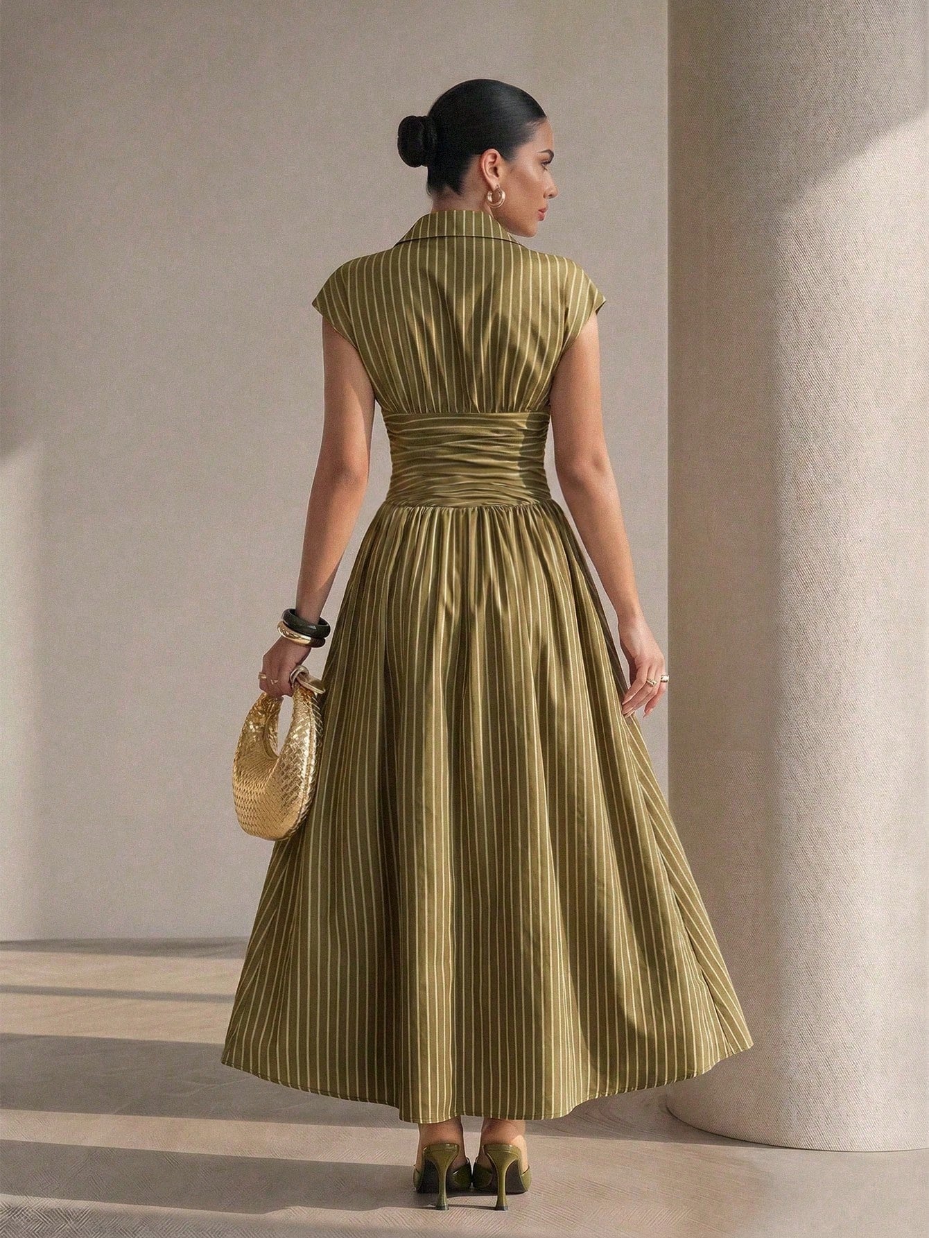 Xyvia Black Elegant Striped Shirt Collar Cinched Waist Full Skirt