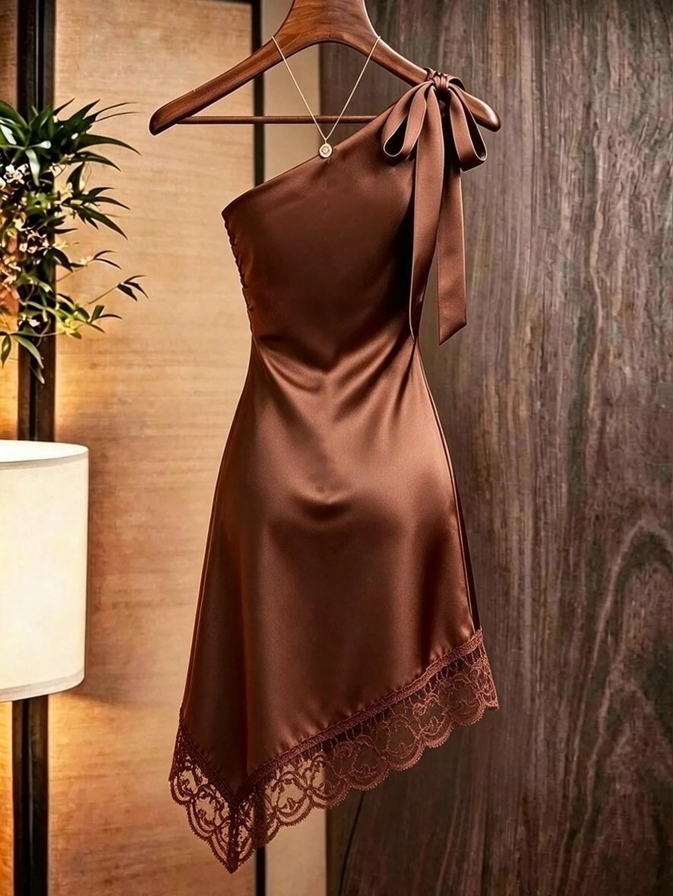 Raffinéa Women's Summer Caramel Satin Asymmetrical Shoulder Lace Trim