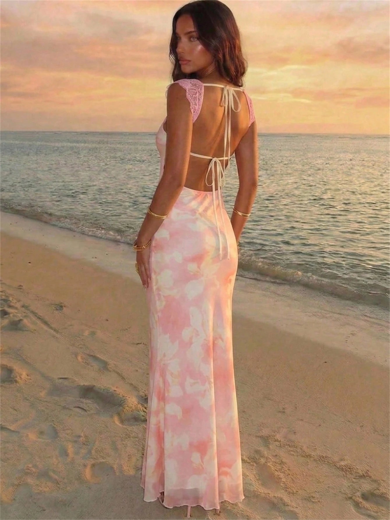 Aloruh Cream Yellow Gradient Floral Mesh Bodycon Backless Summer