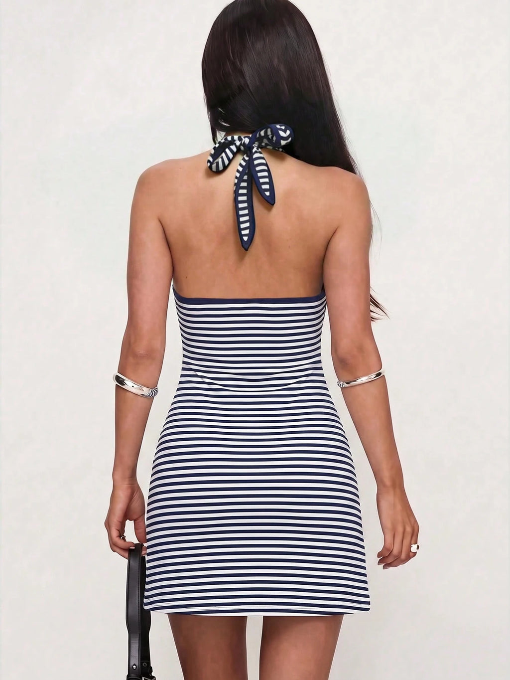Sexy Deep V-Neck Halter Backless Striped Bodycon Mini Dress,
