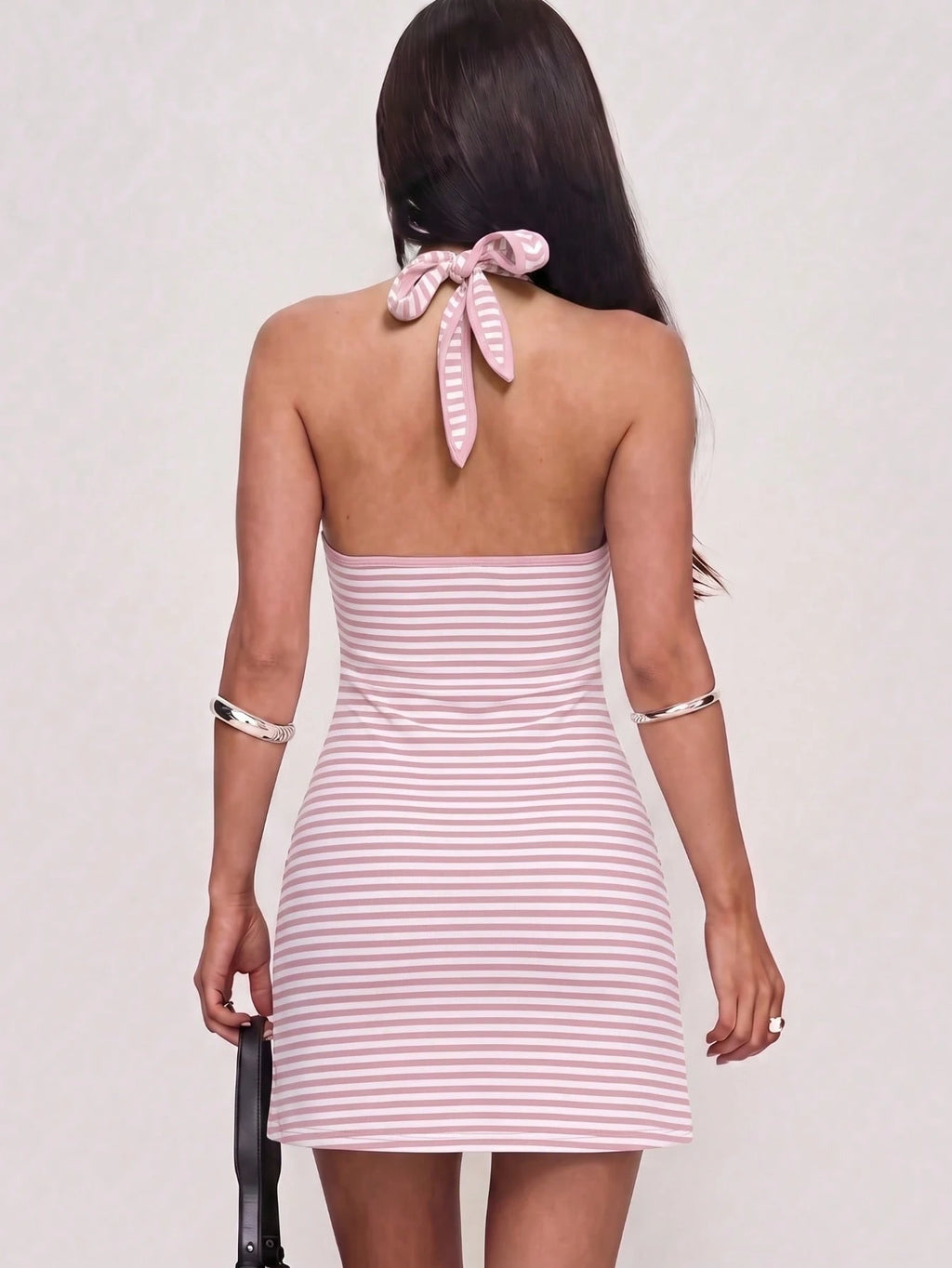 Sexy Deep V-Neck Halter Backless Striped Bodycon Mini Dress,