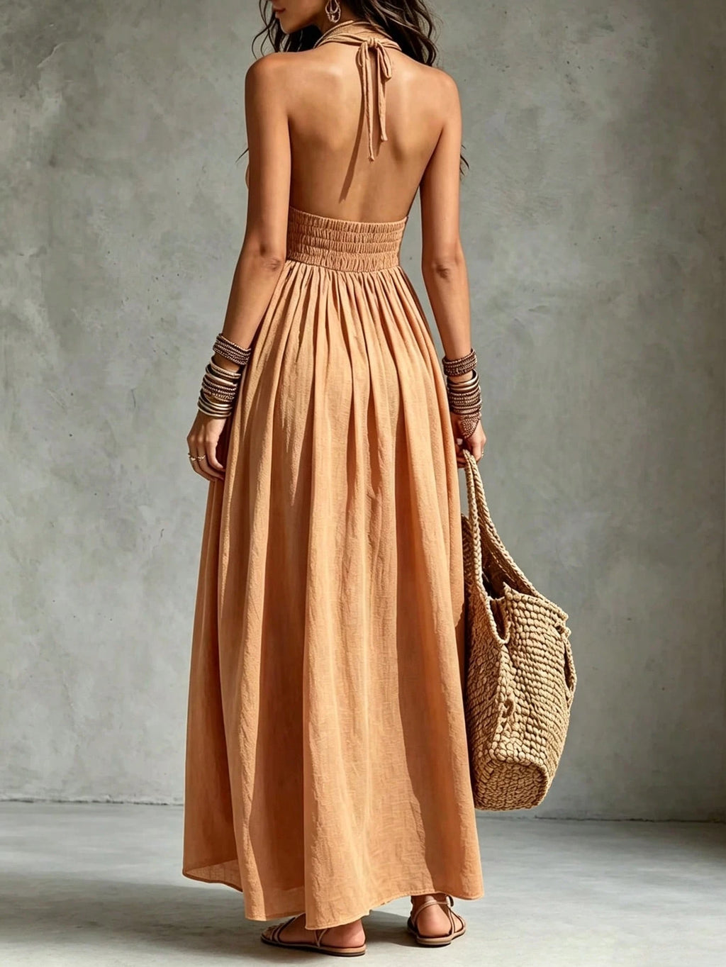 Glimmora Women's Fashion Long Halter Neck Bow Tie Backless Ruched Oversized Flare Solid Color Dress - image 2