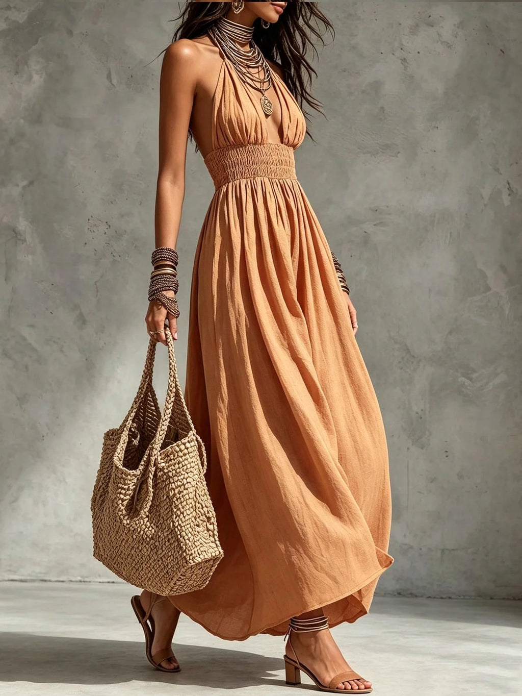 Glimmora Women's Fashion Long Halter Neck Bow Tie Backless Ruched Oversized Flare Solid Color Dress - image 3
