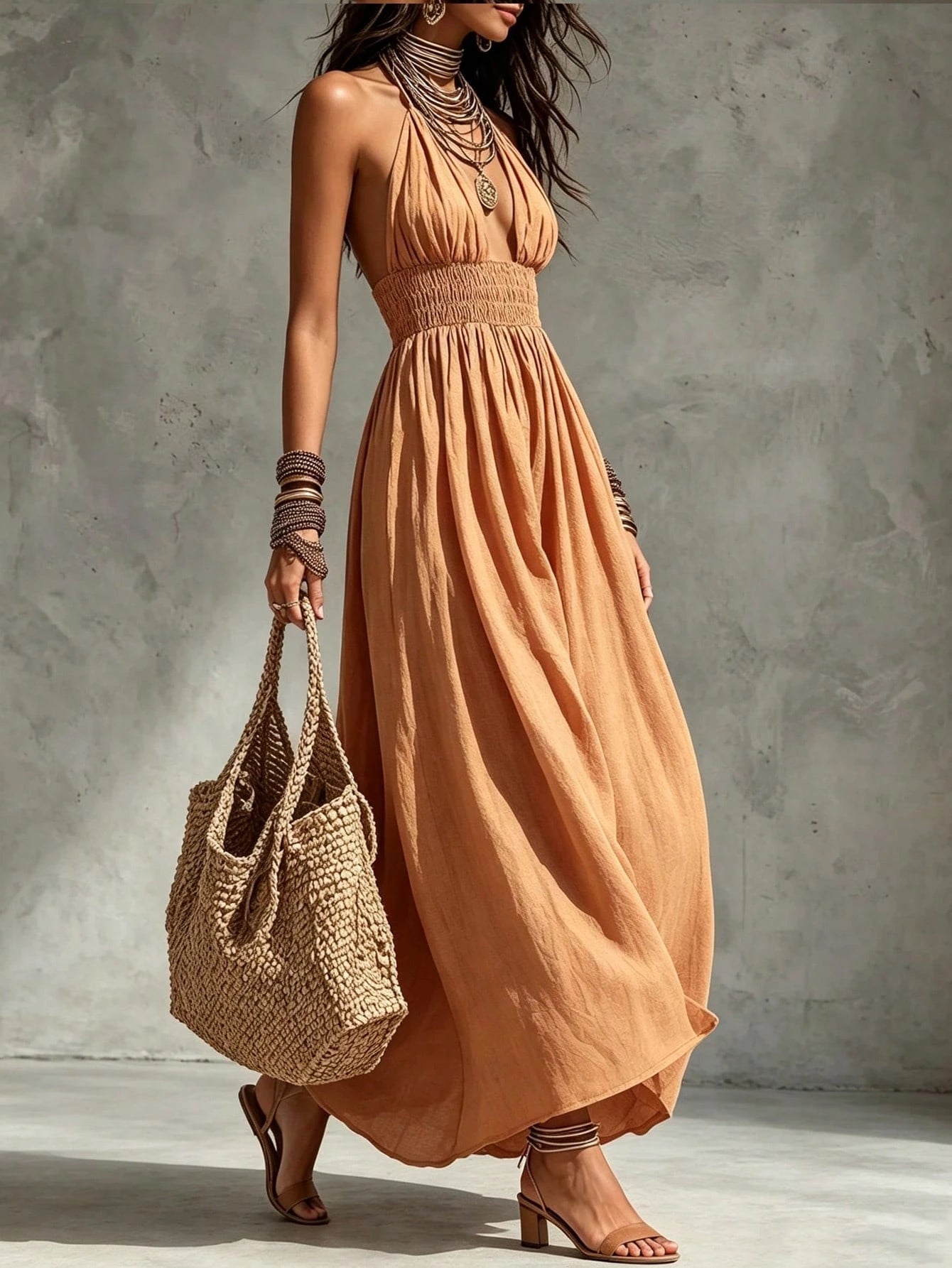 Glimmora Women's Fashion Long Halter Neck Bow Tie Backless Ruched Oversized Flare Solid Color Dress - image 3