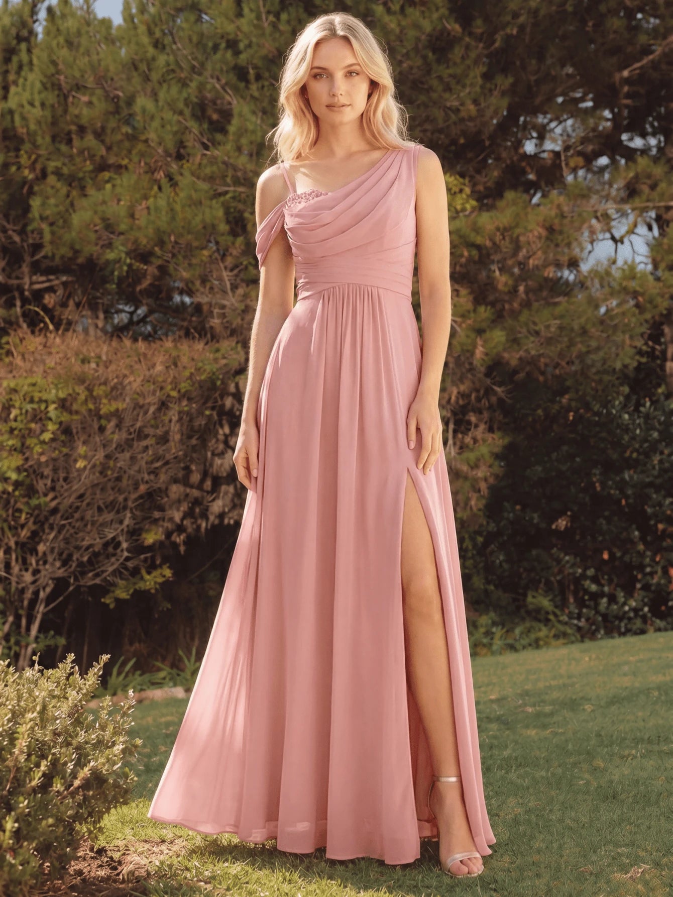 EVERPRETTY Elegant Chiffon Bridesmaid Dress, Pleated Neckline,